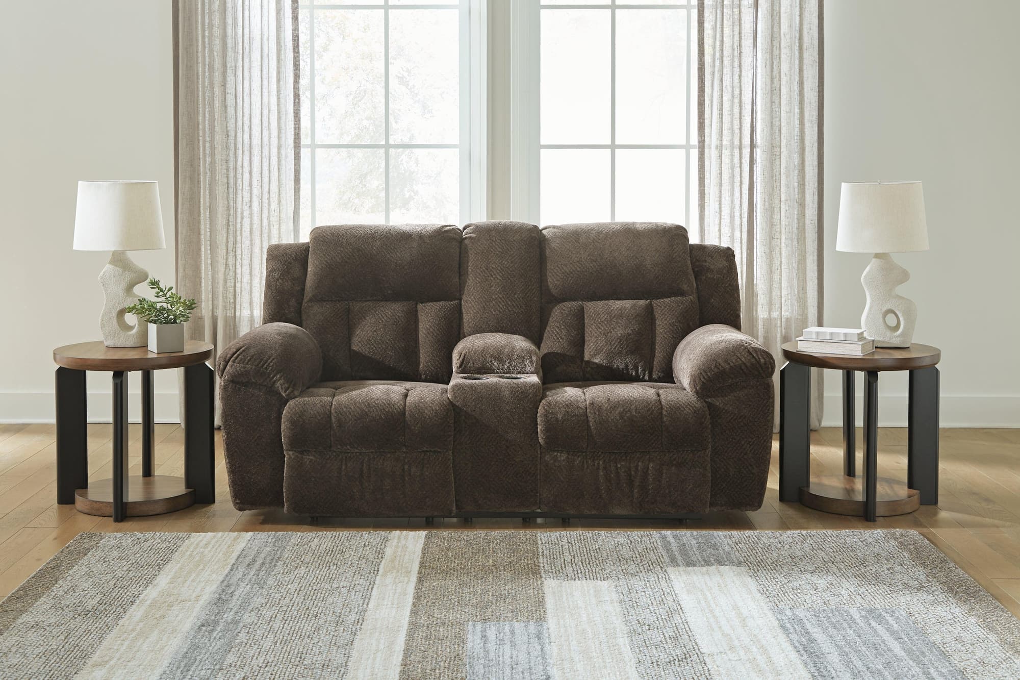 Frohn Chocolate Chenille Reclining Loveseat with Console - Image 1