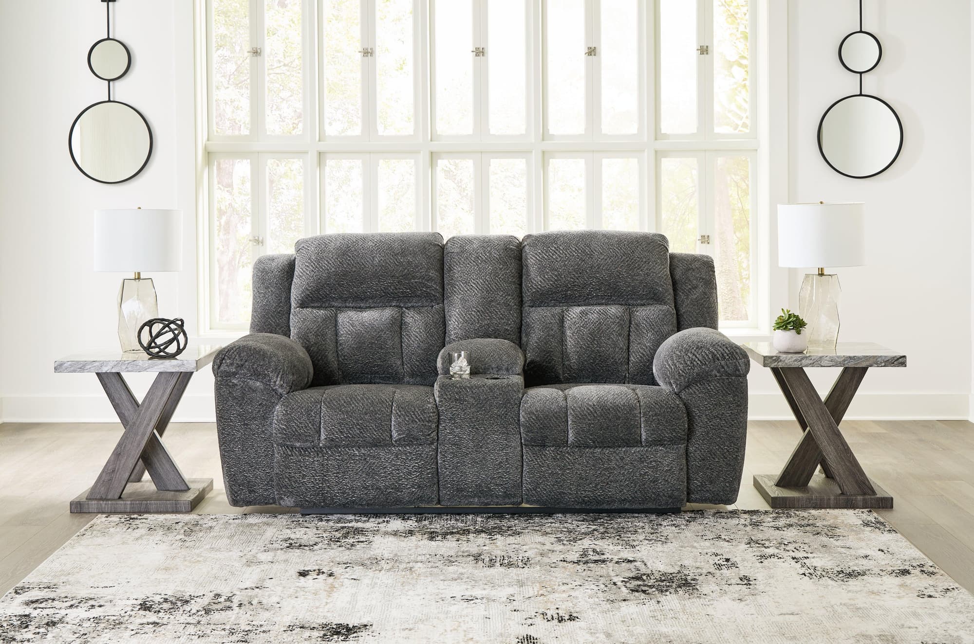 Frohn Graphite Chenille Reclining Loveseat with Console - Image 1