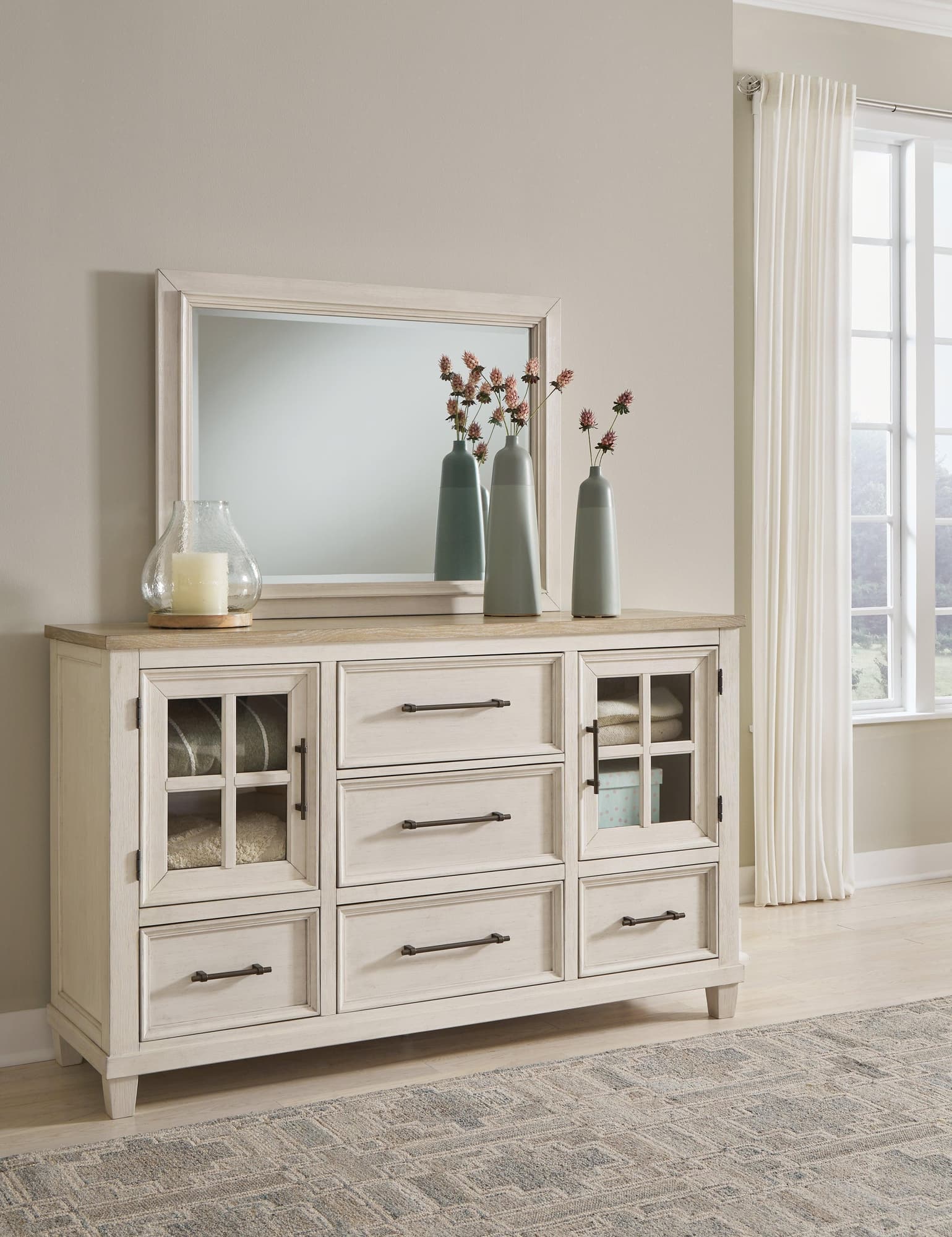Shaybrock Antique White/Brown Dresser and Mirror - Image 1