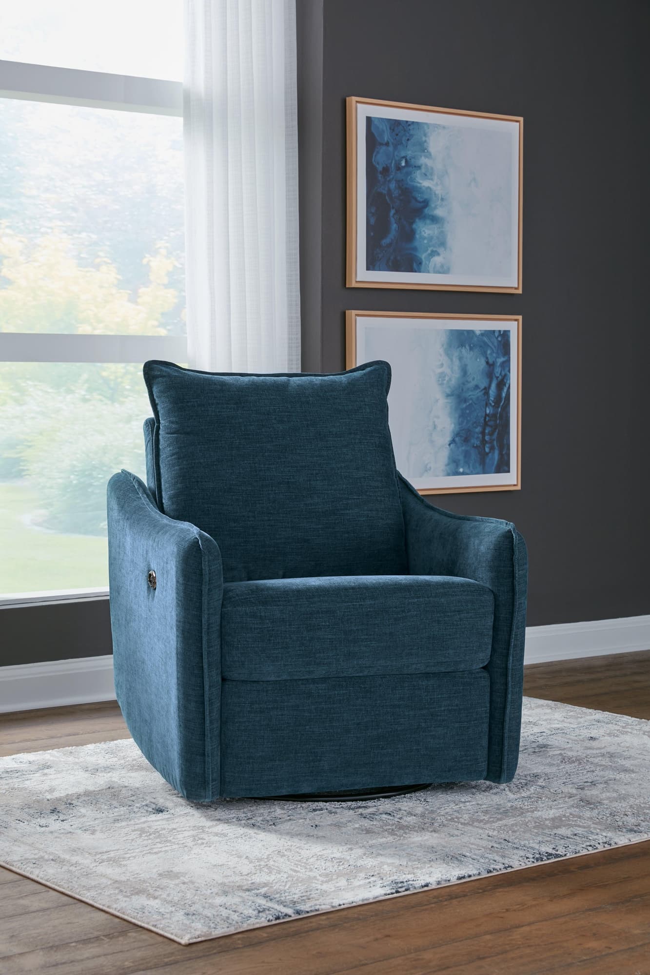 McBurg Navy Microfiber Swivel Power Recliner - Image 1