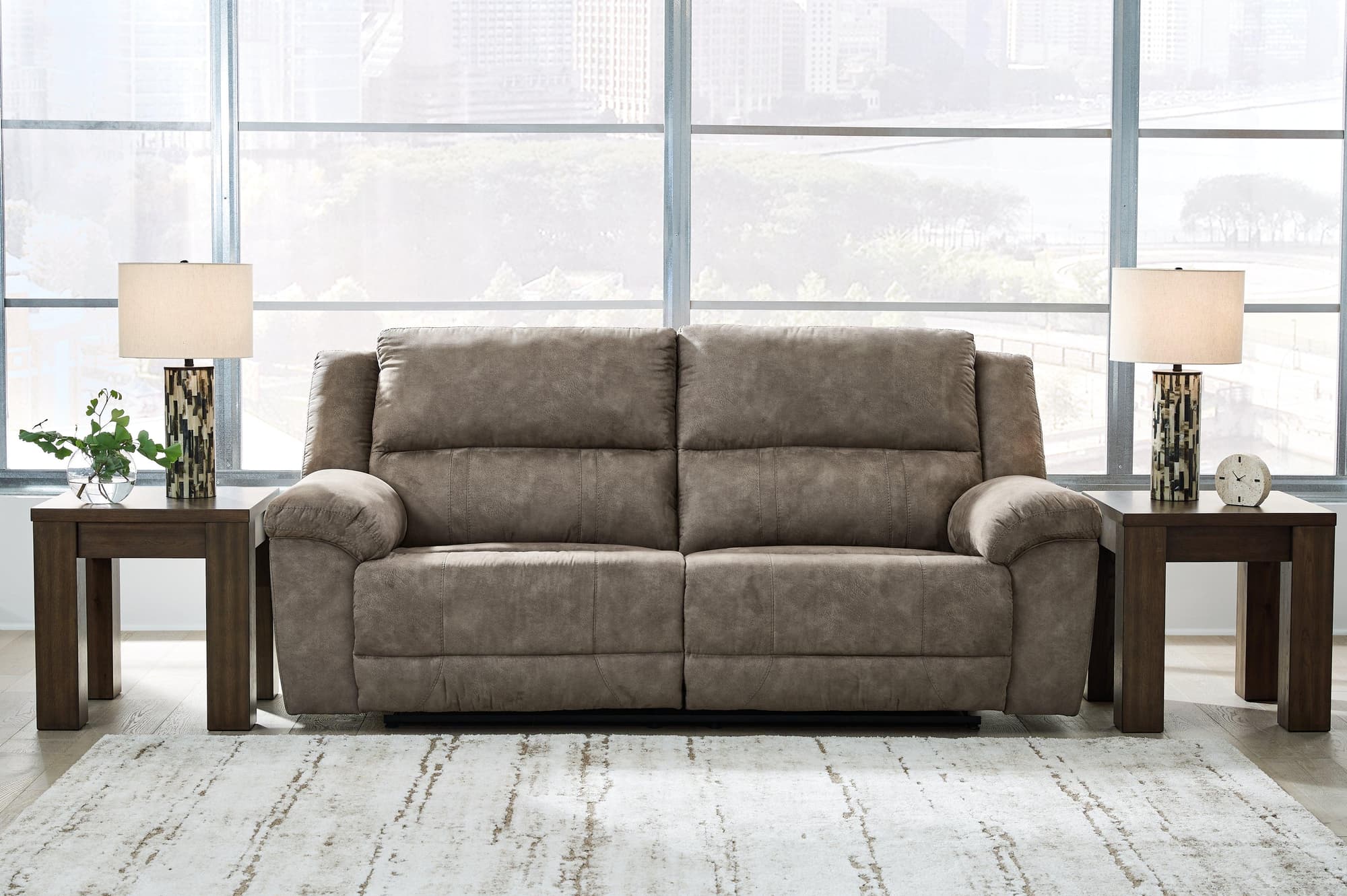 Laresview Fossil Faux Leather Reclining Sofa - Image 1