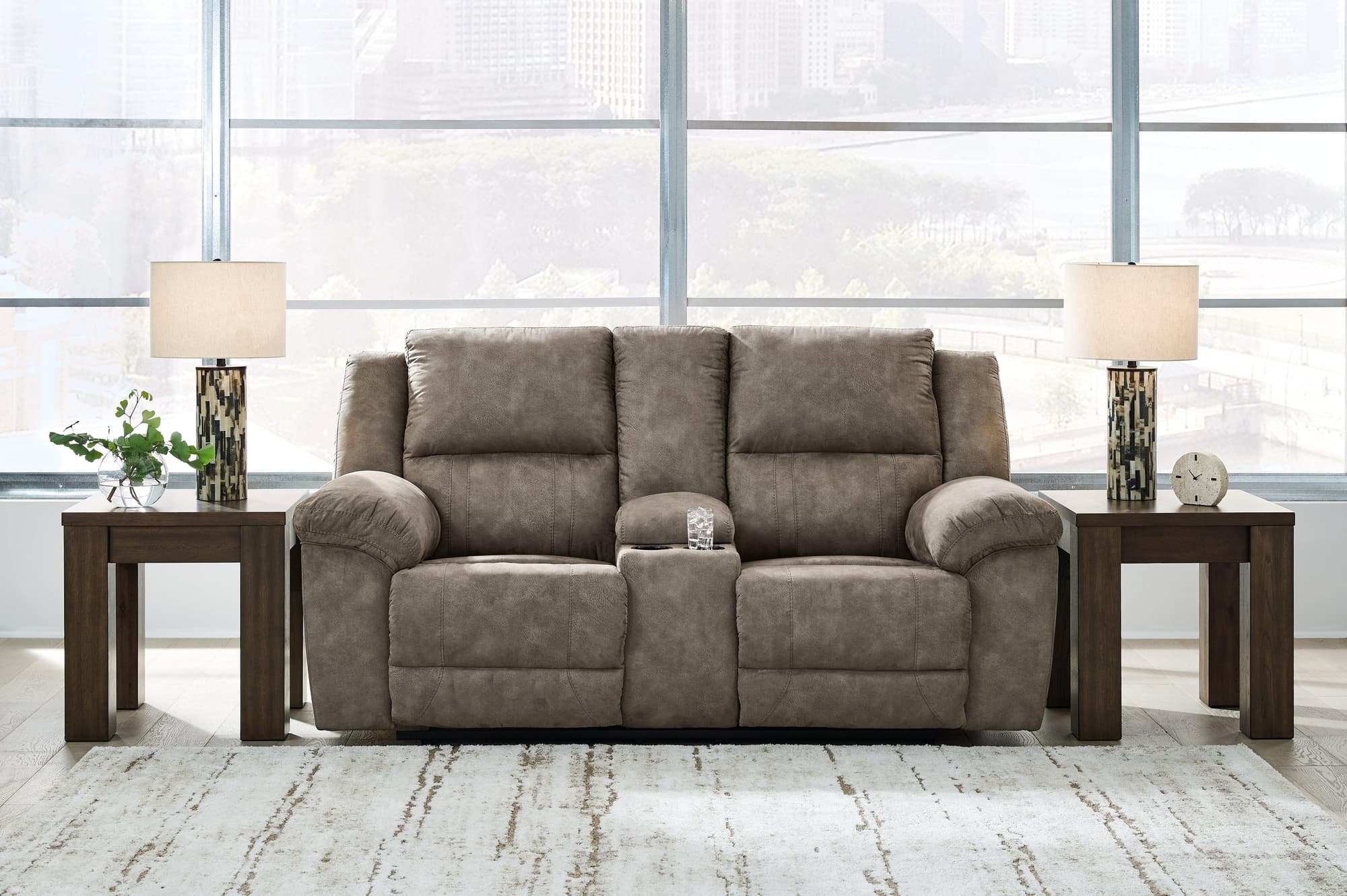 Laresview Fossil Faux Leather Reclining Loveseat with Console - Image 1