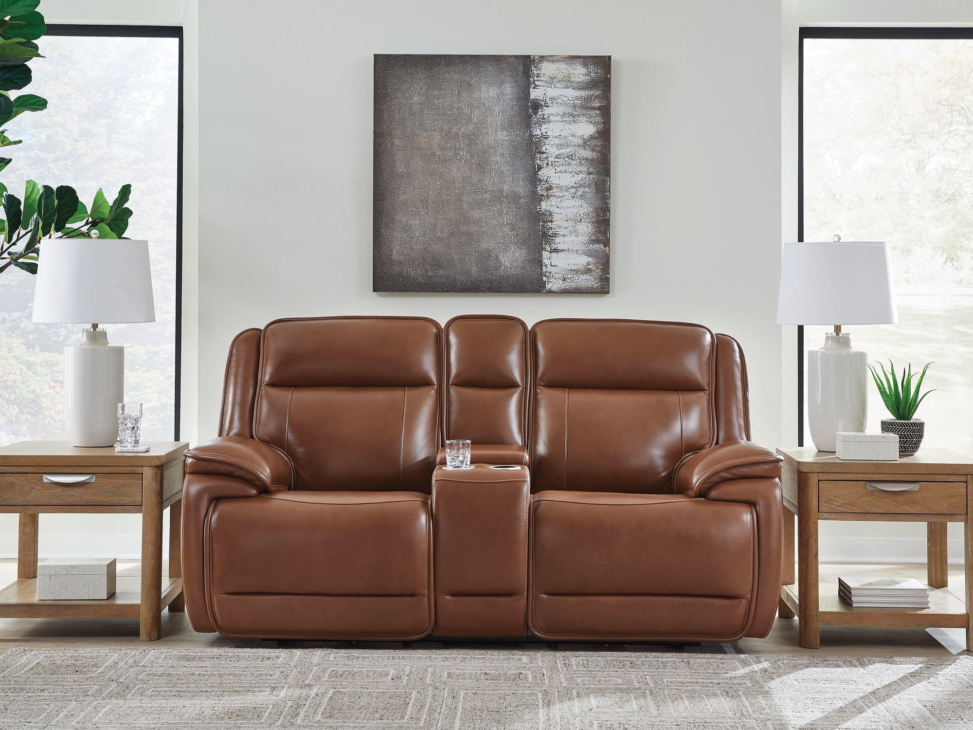 Healy Pier Chocolate Leather Power Reclining Loveseat with Console - Image 1