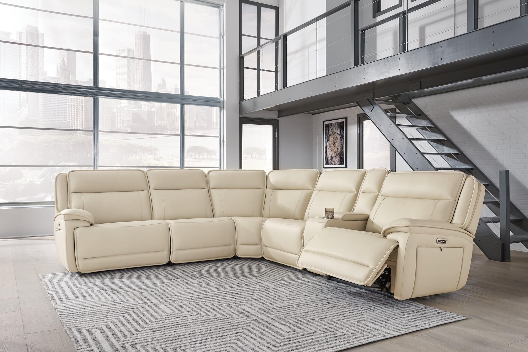 Double Deal Almond Leather 6-Piece Power Reclining Sectional - Image 1
