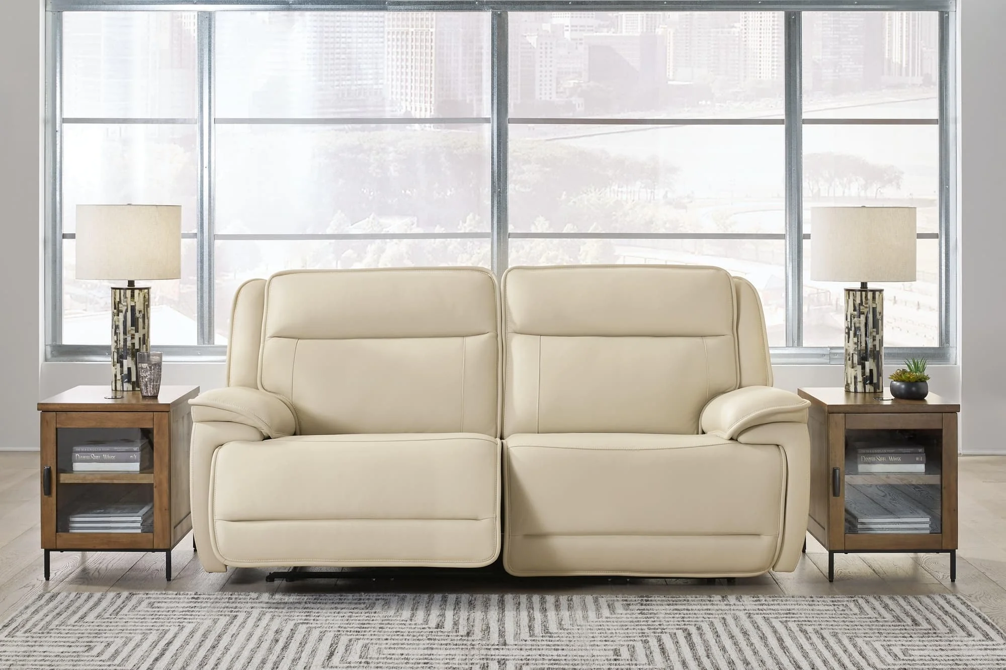 Double Deal Almond Leather 2-Piece Power Reclining Loveseat Sectional - Image 1