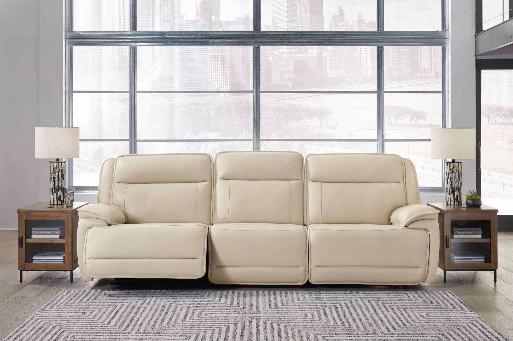 Double Deal Almond Leather 3-Piece Power Reclining Sofa Sectional - Image 1