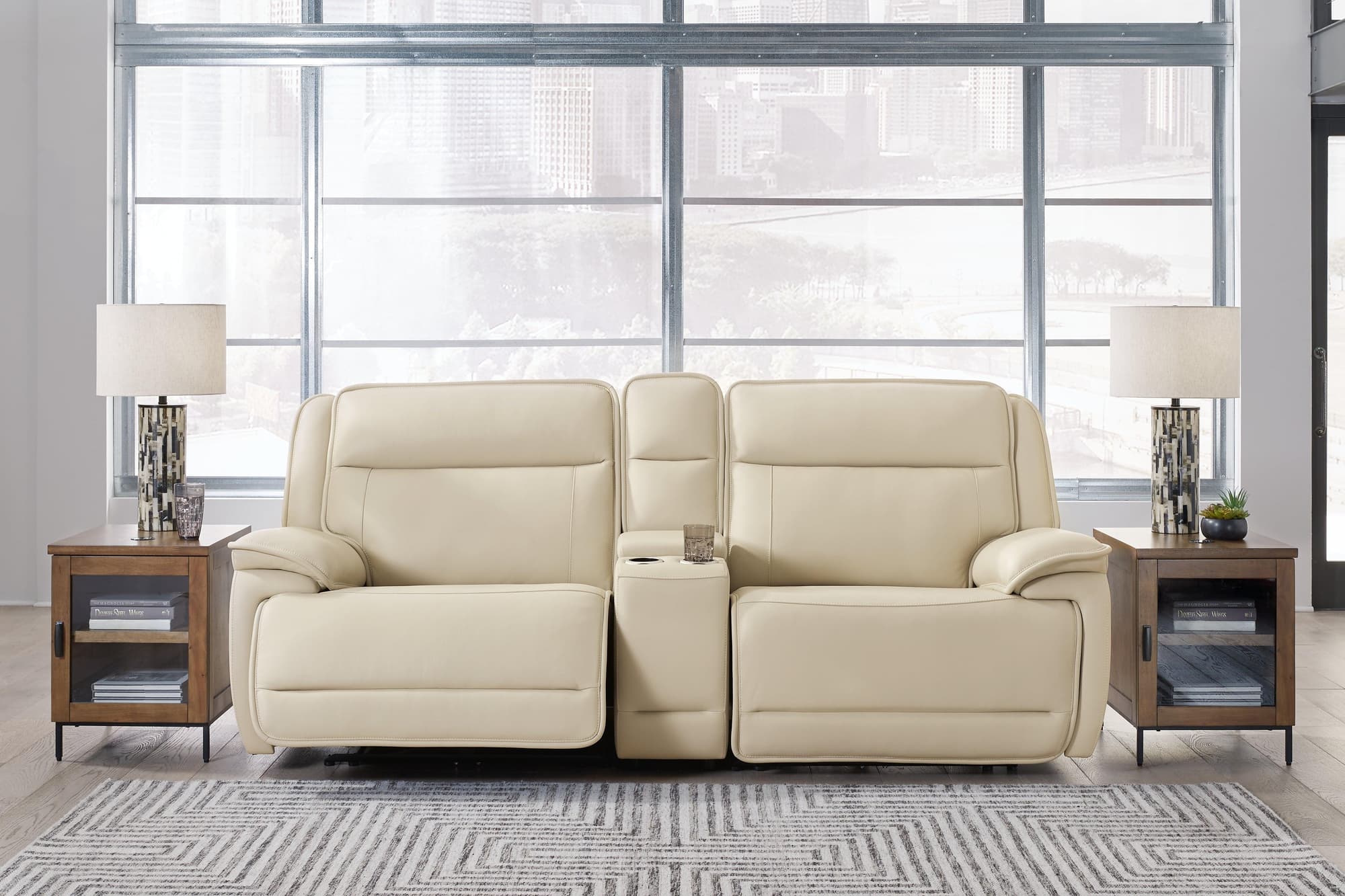 Double Deal Almond Leather 2-Piece Power Reclining Loveseat Sectional with Console - Image 1