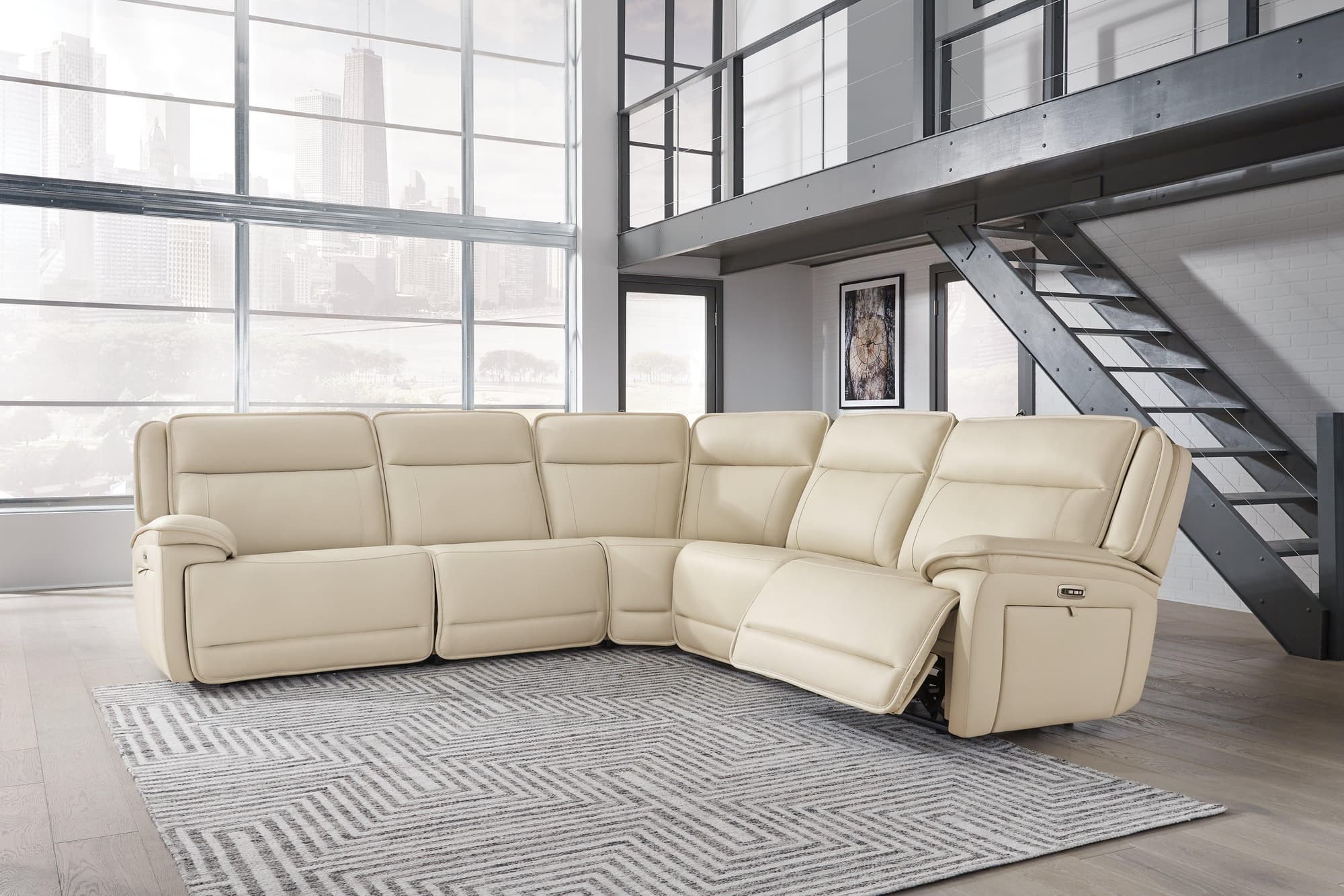 Double Deal Almond Leather 5-Piece Power Reclining Sectional - Image 1