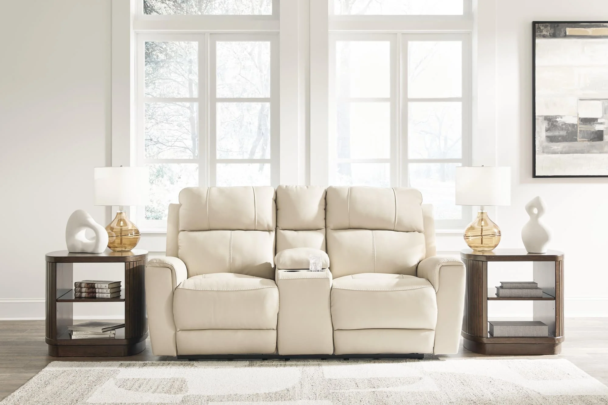 Dahlmoore Almond Leather Power Reclining Loveseat with Console - Image 1