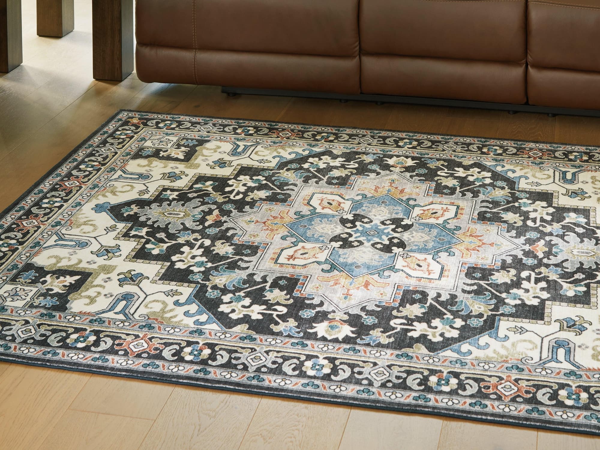 Leningston Black/Cream/Blue 5' x 7' Washable Rug - Image 1