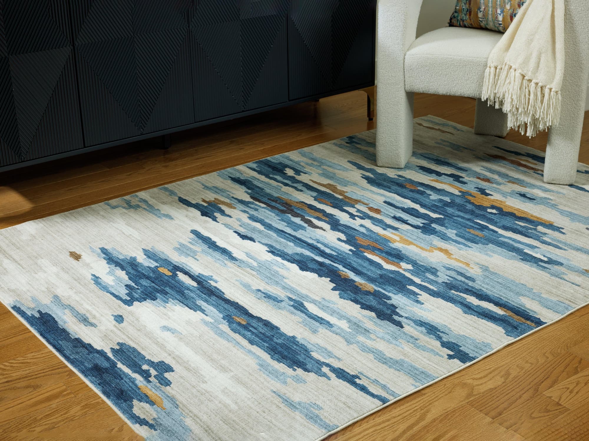 Vinlett Cream/Blue/Brown 5' x 7' Washable Rug - Image 1