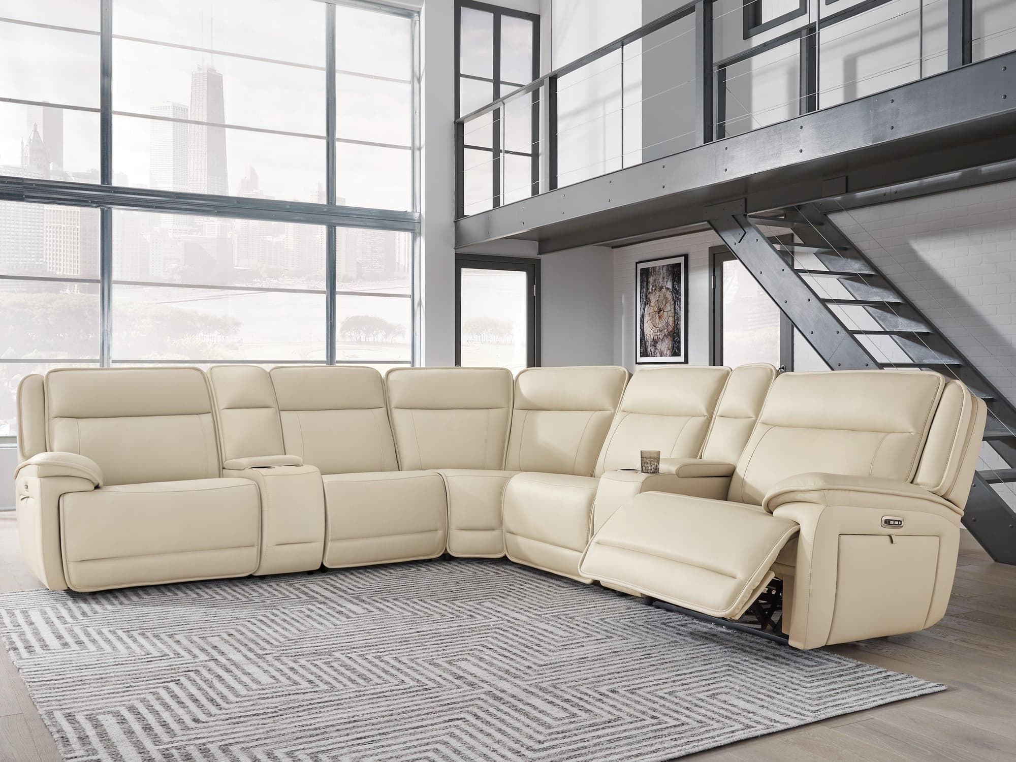 Double Deal Almond 7-Piece Reclining Sectional with 2 Consoles - Image 1