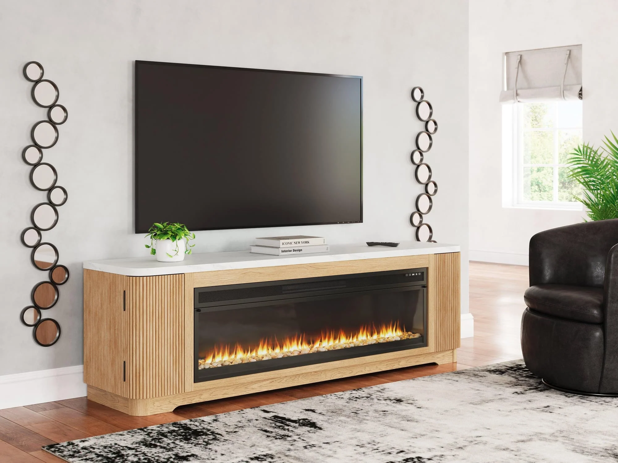 Camdill Light Brown 80″ TV Stand with Electric Fireplace
