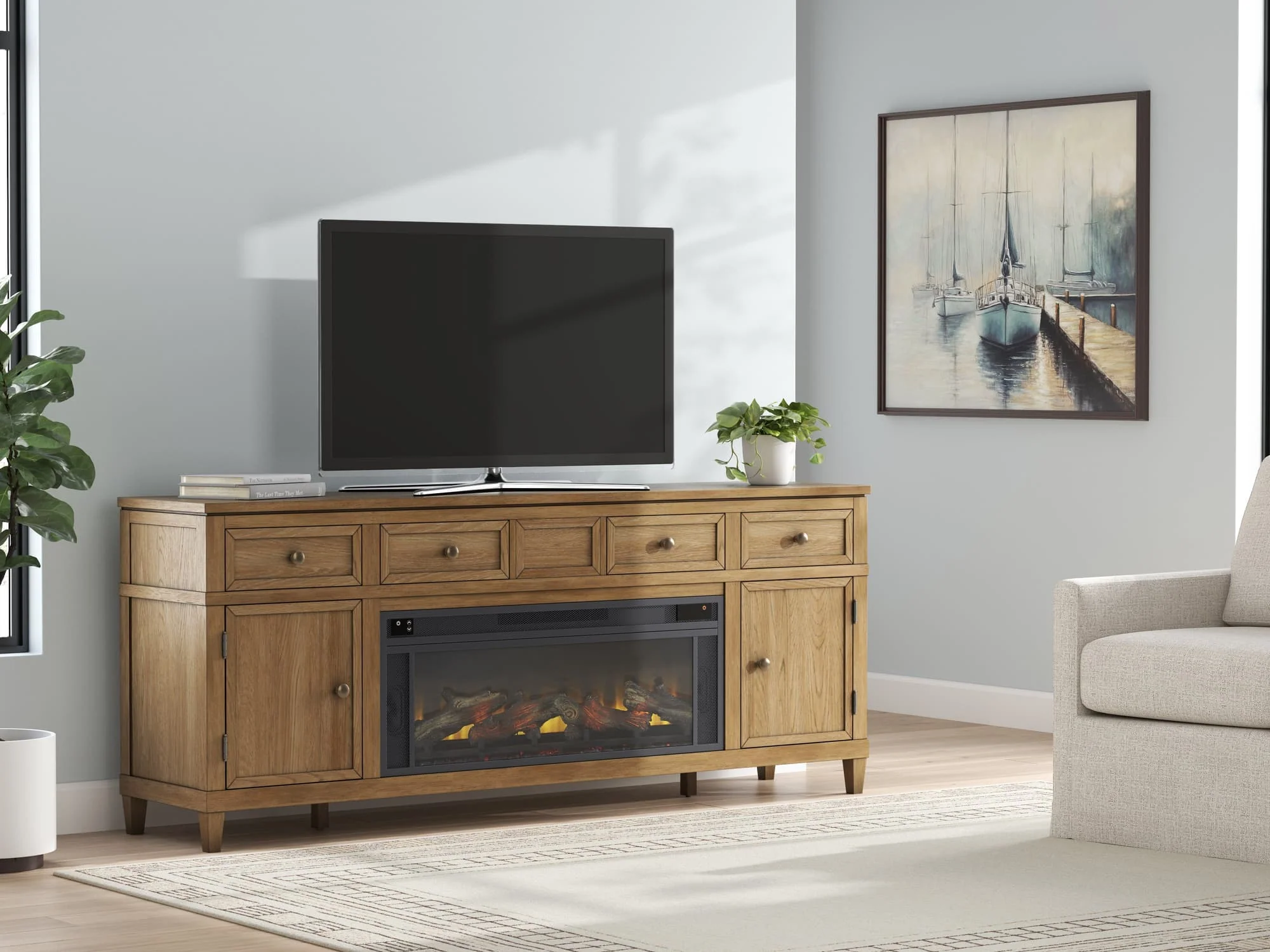 Sharlance Light Brown 81" TV Stand with Electric Fireplace - Image 1