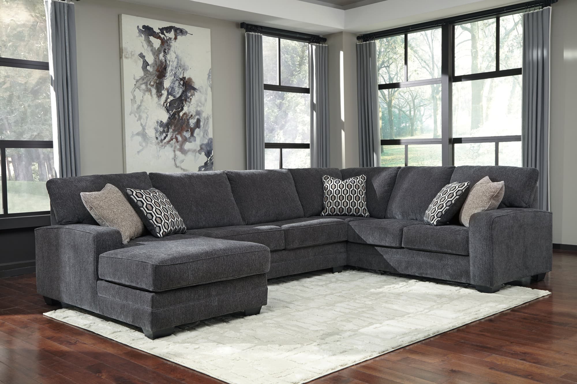 Tracling Slate Chenille 3-Piece Sectional with Chaise - Image 1