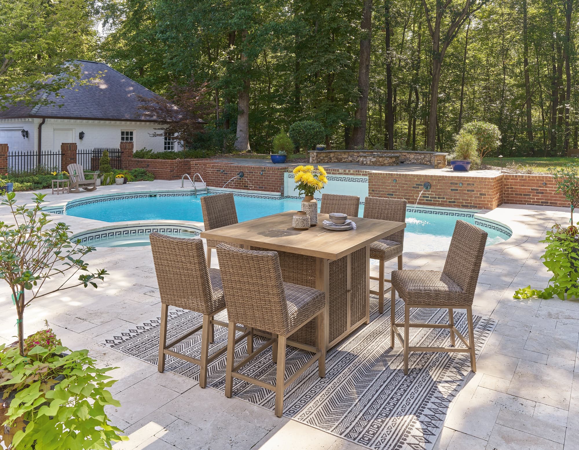 Walton Driftwood Bridge Outdoor Fire Pit Table and 6 Barstools - Image 1