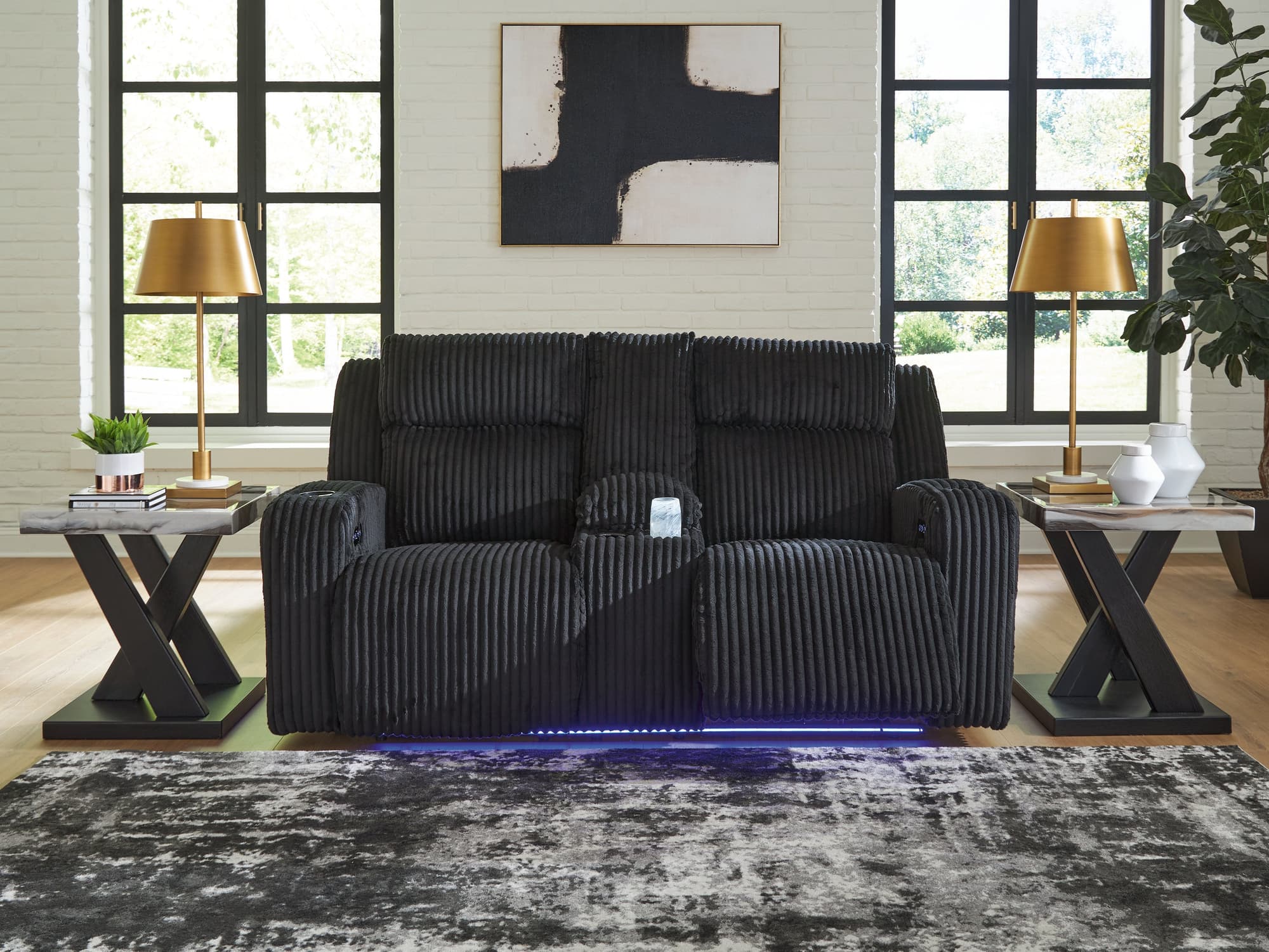 Forest Lake Black Chenille,Velvet Power Reclining Loveseat with Console - Image 1
