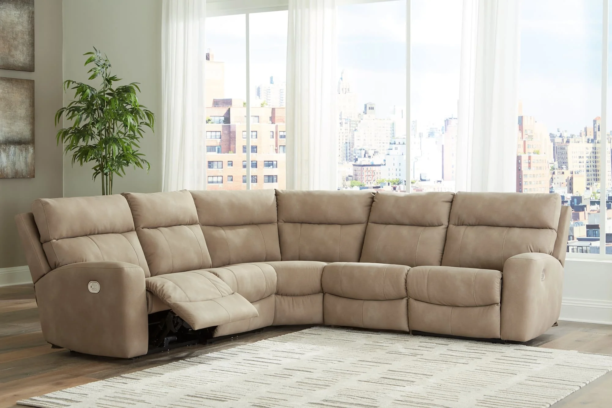 Next-Gen DuraPella Sand Microfiber 5-Piece Power Reclining Sectional - Image 1