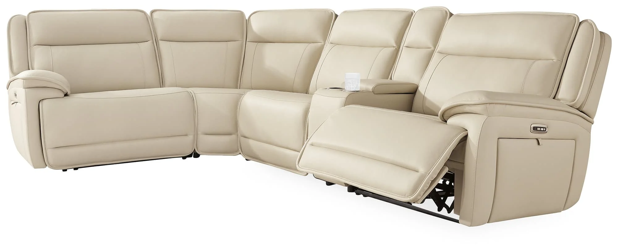 Double Deal Almond Leather 5-Piece Reclining Sectional with Console - Image 1
