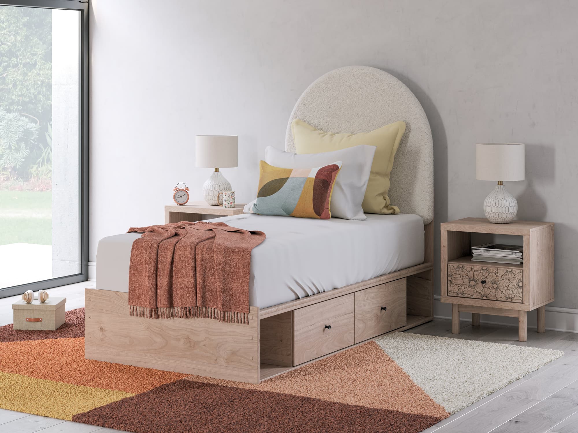 Shapella Tan/White Twin Upholstered Panel Bed with Storage - Image 1