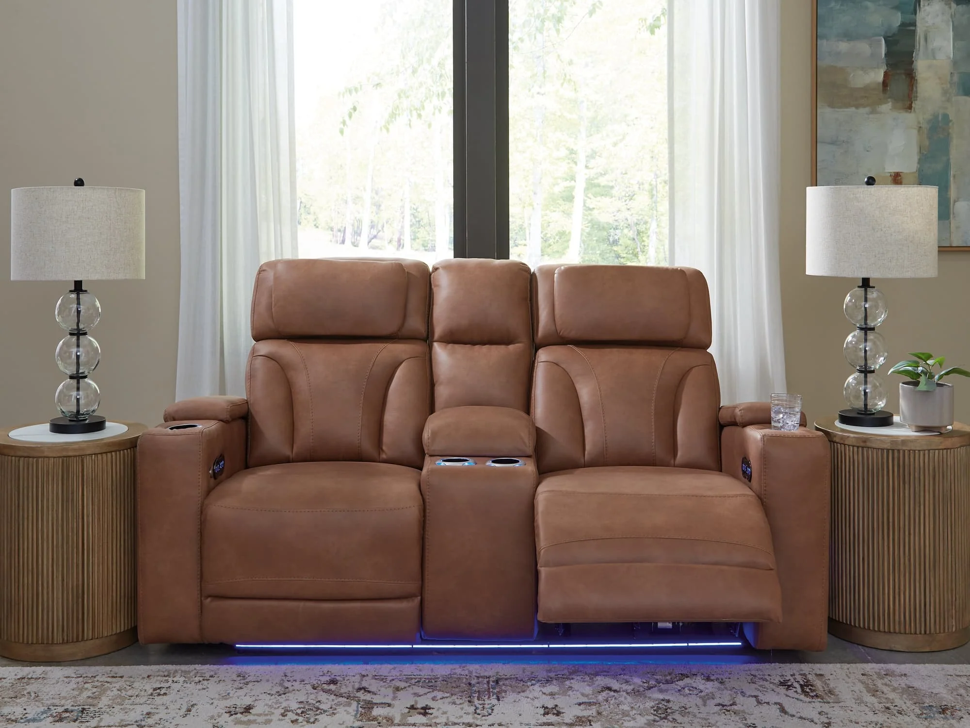 Clean-Slate Caramel Faux Leather Power Reclining Loveseat with Console - Image 1