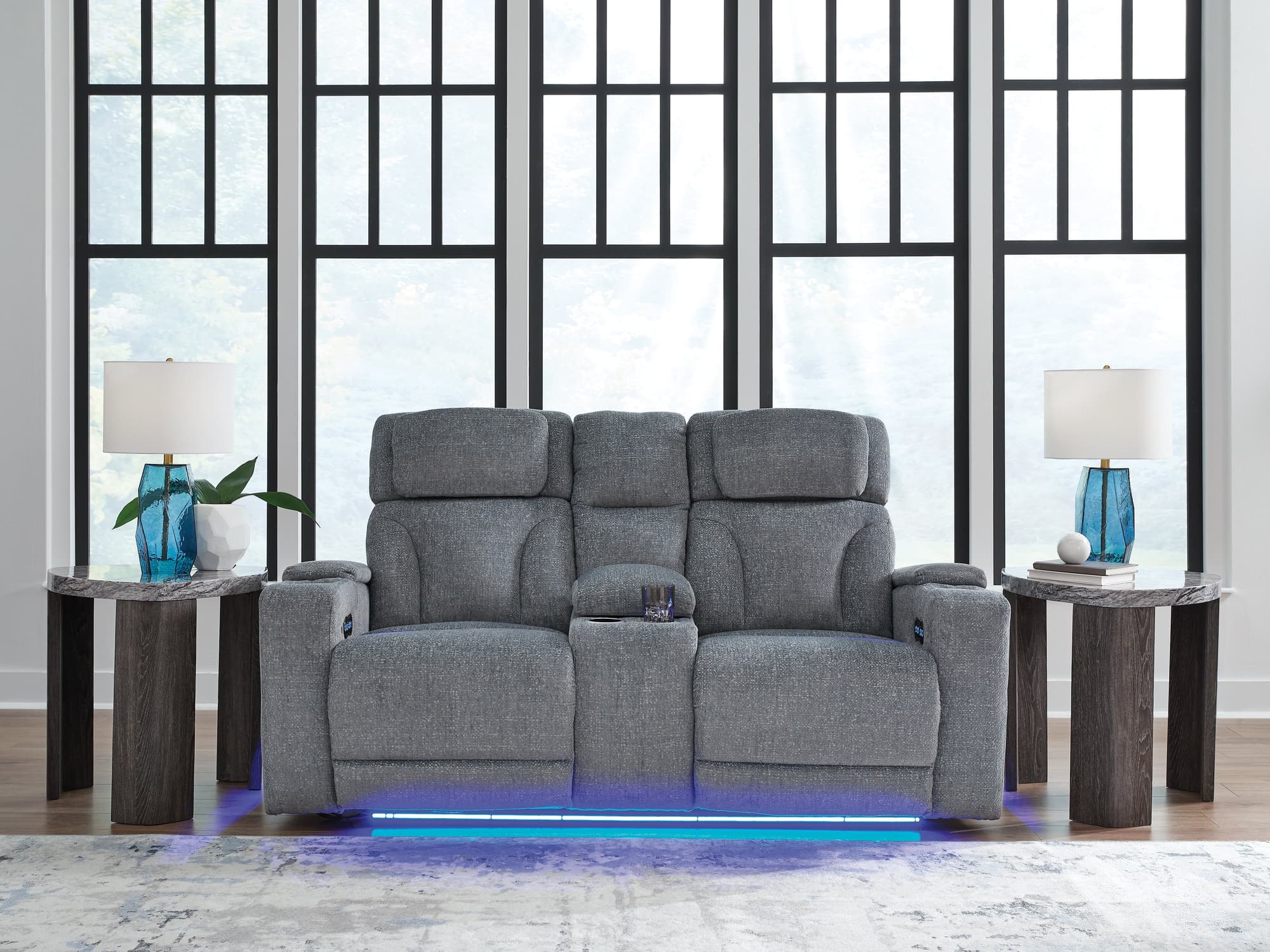 Studio Cave Steel Performance Fabric,Next-Gen Nuvella™,Chenille Power Reclining Loveseat with Console - Image 1
