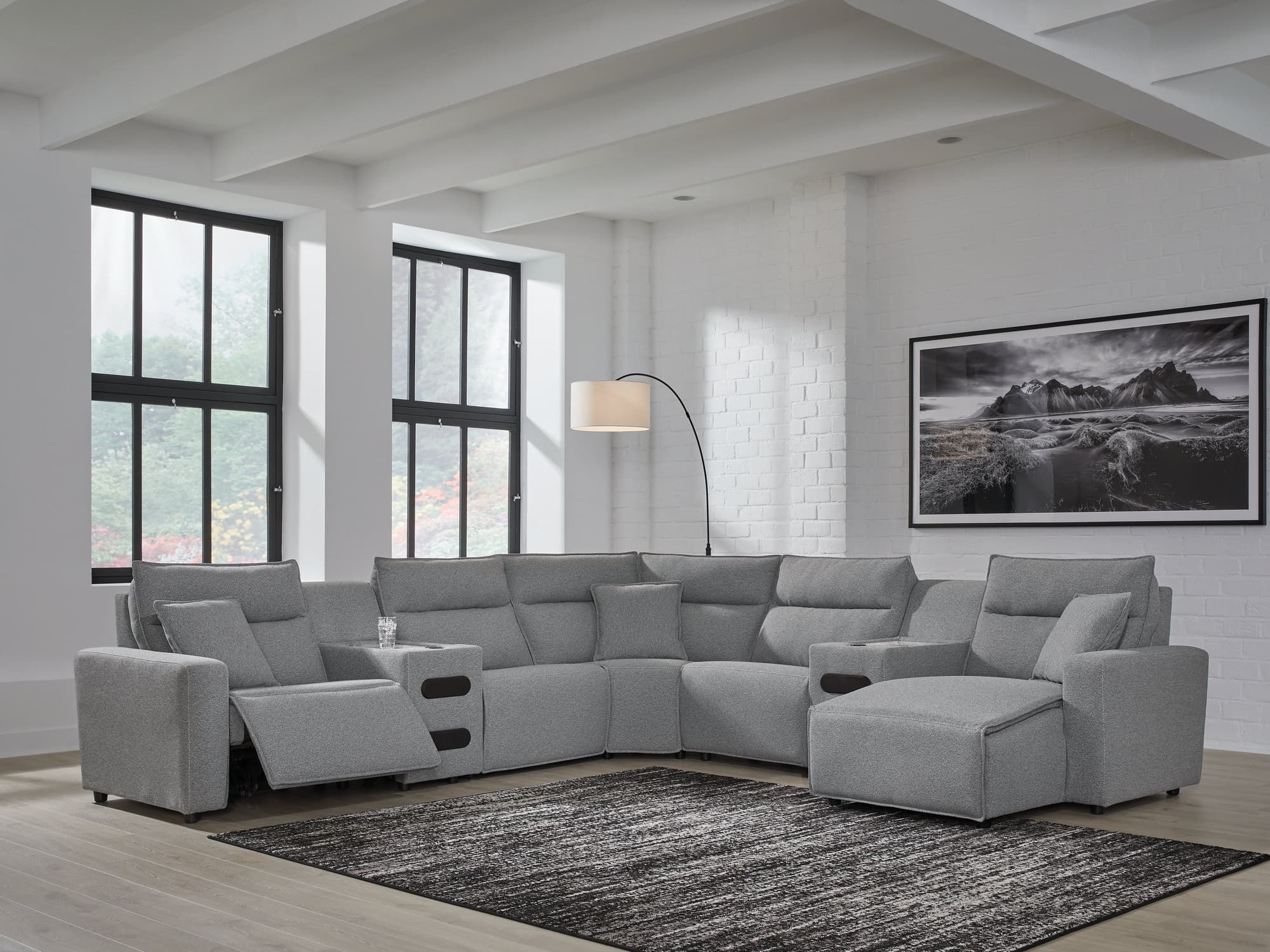 Modmax Salt and Pepper Next-Gen Nuvella™ 7-Piece Power Reclining Sectional with Chaise - Image 1