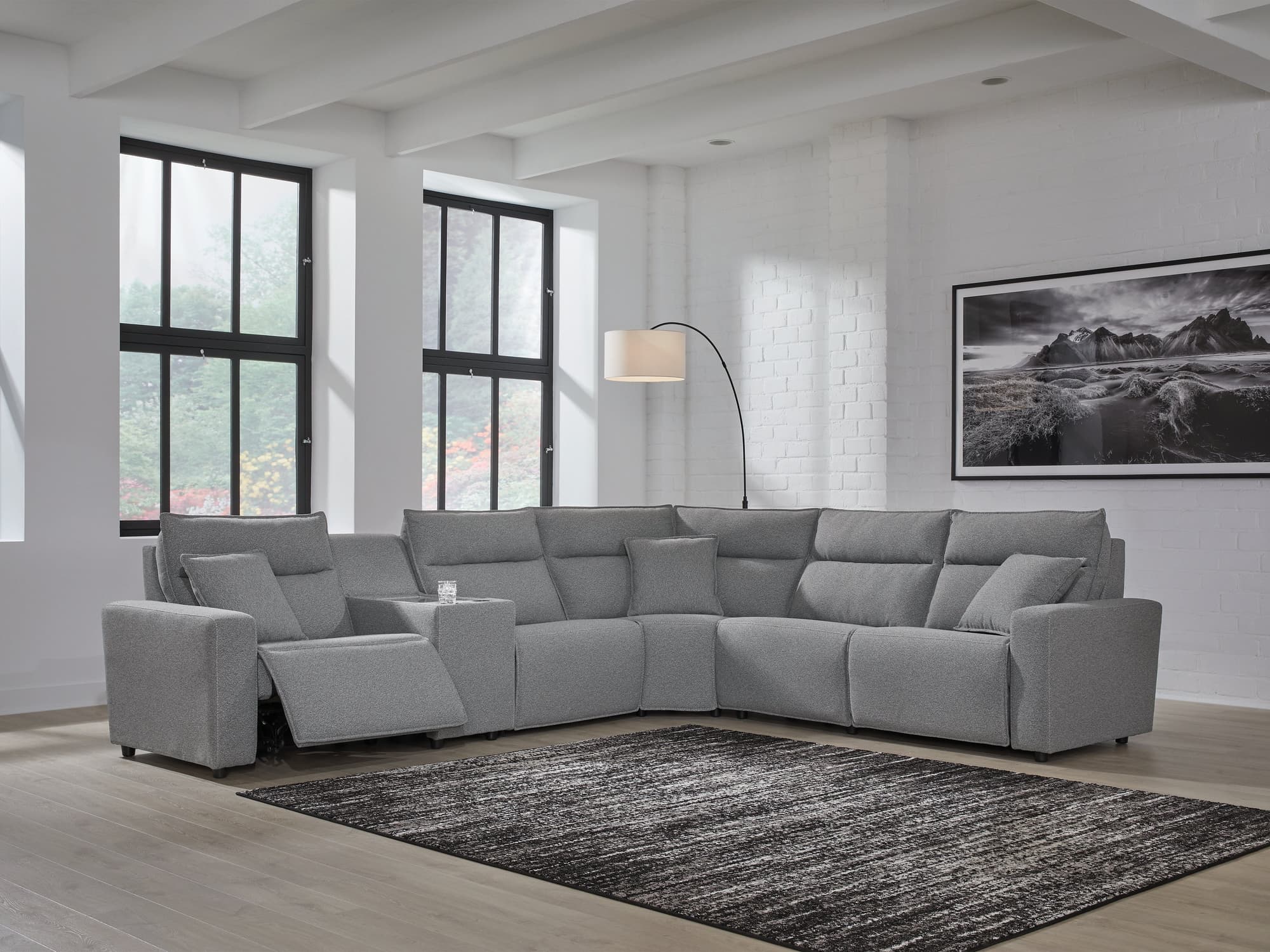 Modmax Salt and Pepper Next-Gen Nuvella™ 6-Piece Reclining Sectional with Console - Image 1