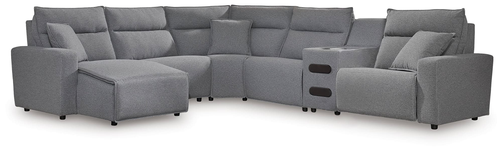 ModMax II Salt and Pepper Next-Gen Nuvella™ 6-Piece Reclining Sectional with Chaise and Audio Console - Image 1