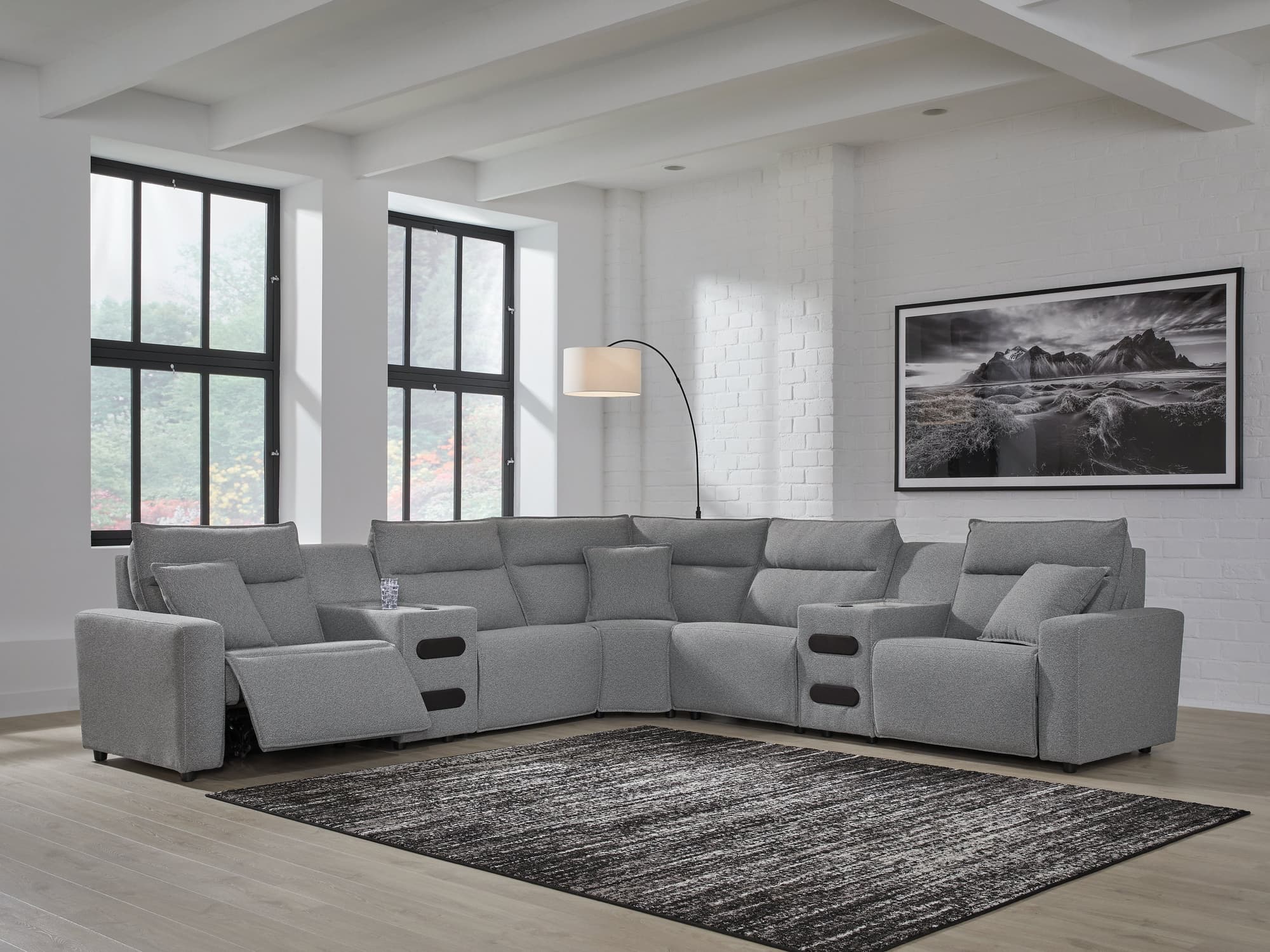 ModMax II Salt and Pepper Next-Gen Nuvella™ 7-Piece Power Reclining Sectional with Audio Consoles - Image 1
