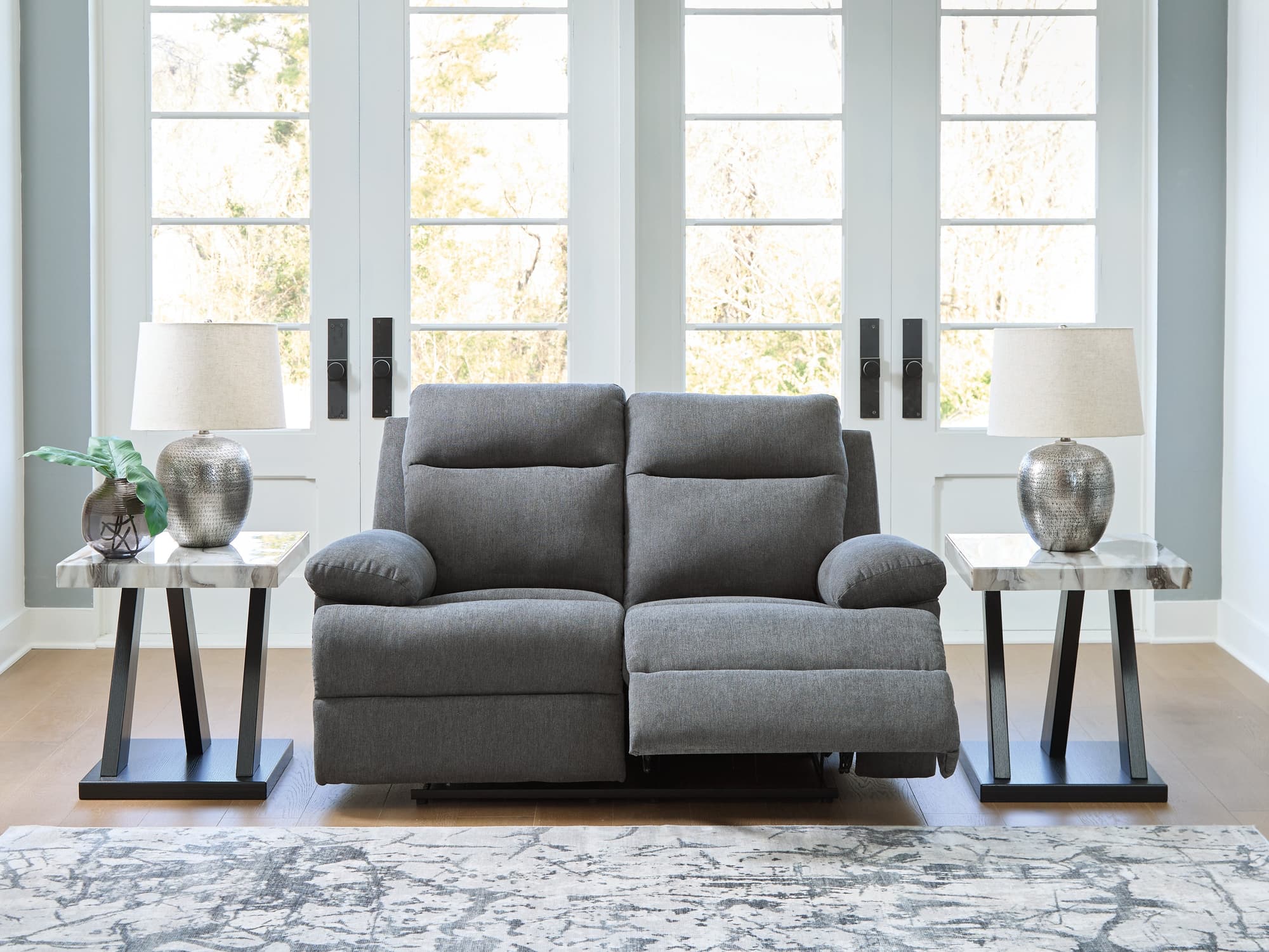 Side-Swipe Charcoal Chenille Reclining Loveseat - Image 1