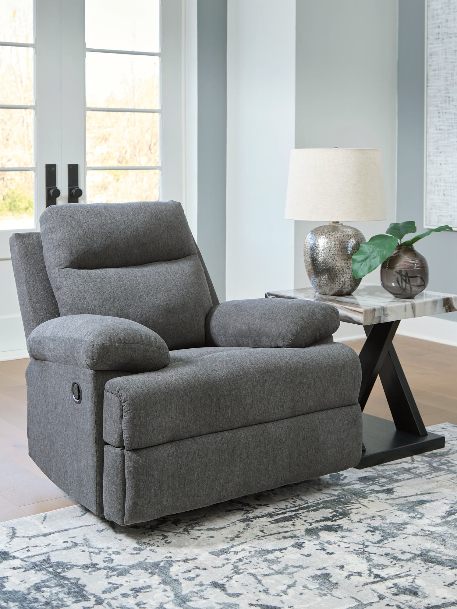 Side-Swipe Charcoal Chenille Recliner - Image 1