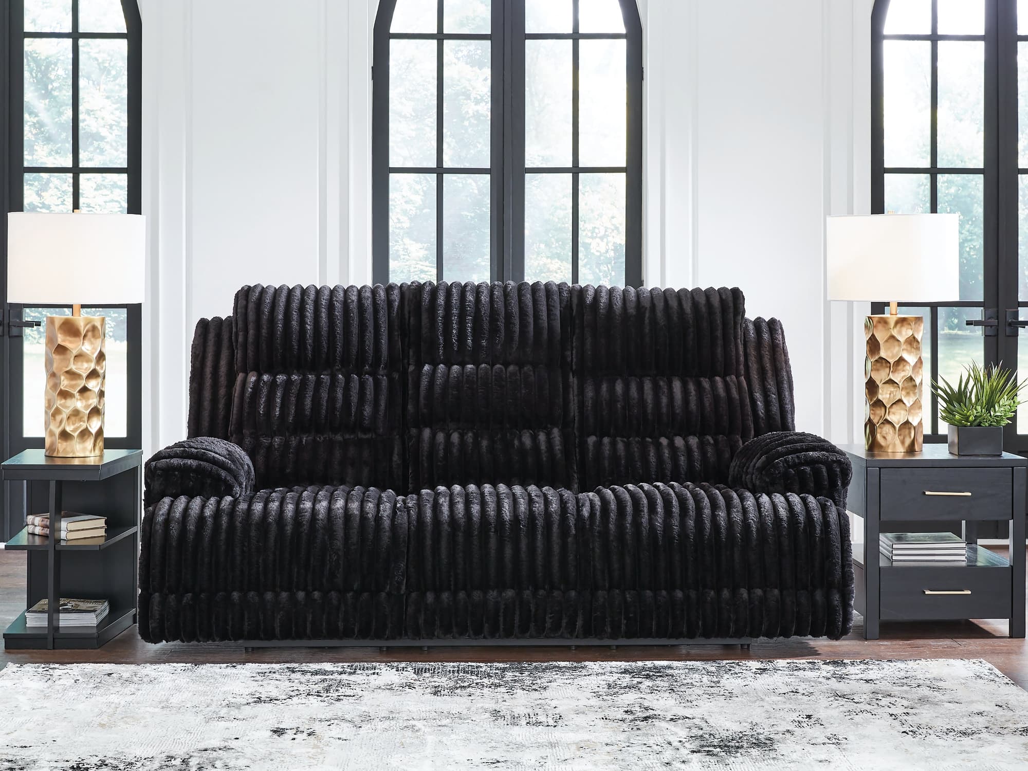 Rhine Falls Onyx Velvet Power Reclining Sofa with Drop Down Table - Image 1