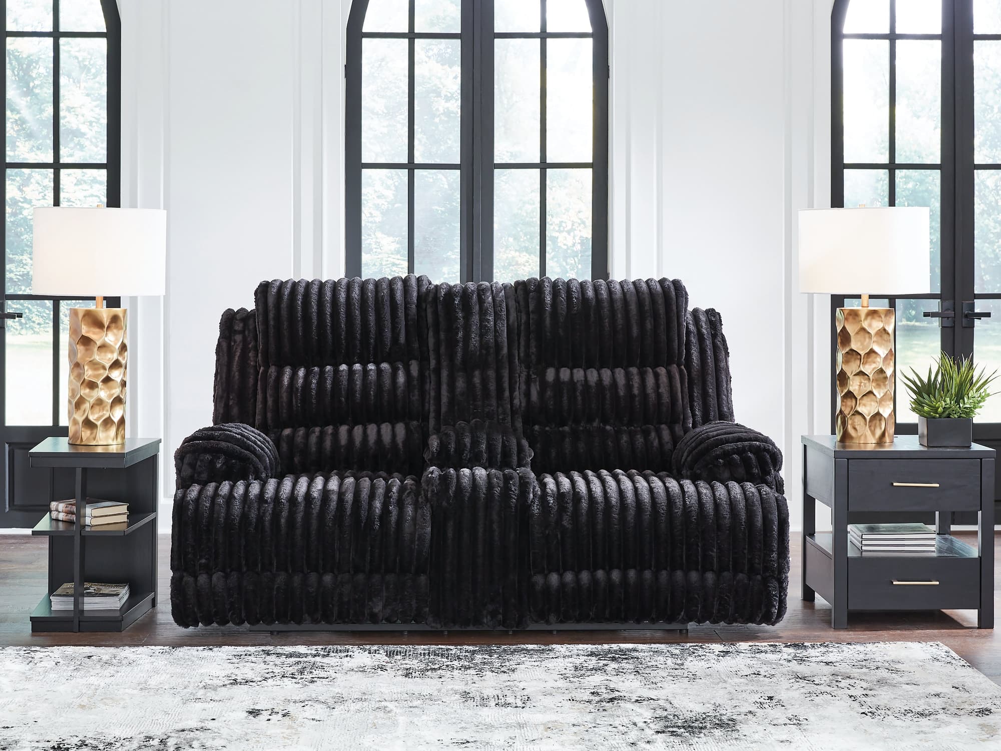 Rhine Falls Onyx Velvet Reclining Loveseat with Console - Image 1