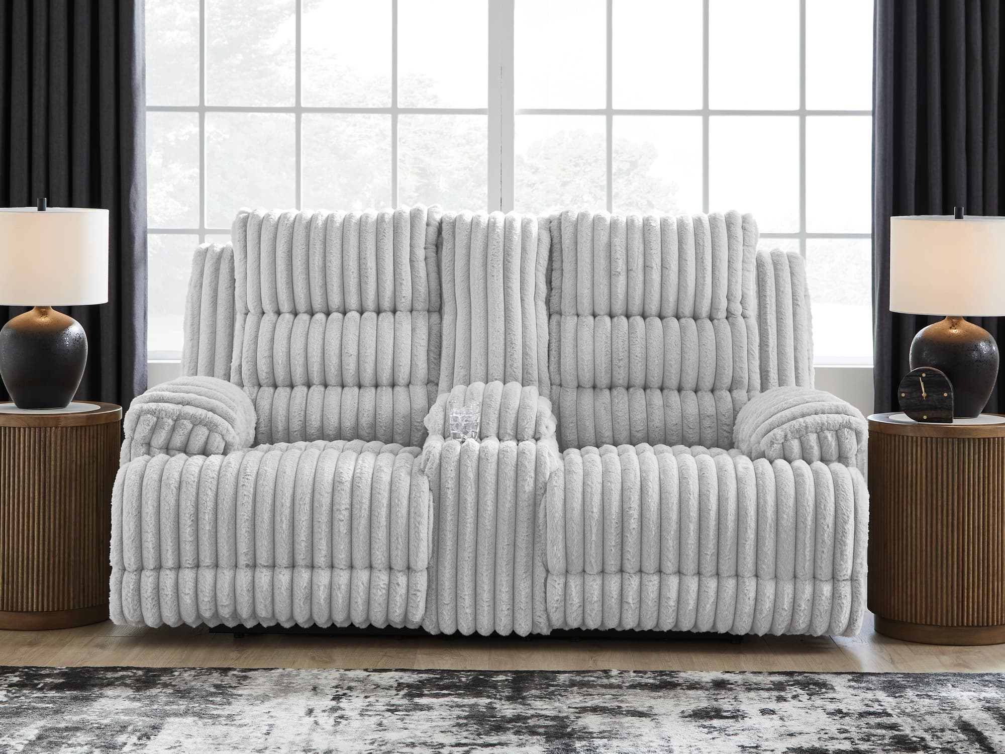 Rhines Falls Alloy Velvet Power Reclining Loveseat with Console - Image 1