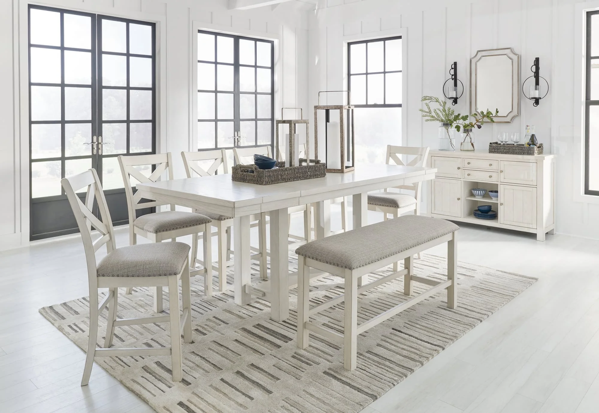 Robbinsdale Antique White Counter Height Dining Table and 6 Barstools and Bench with Storage - Image 1