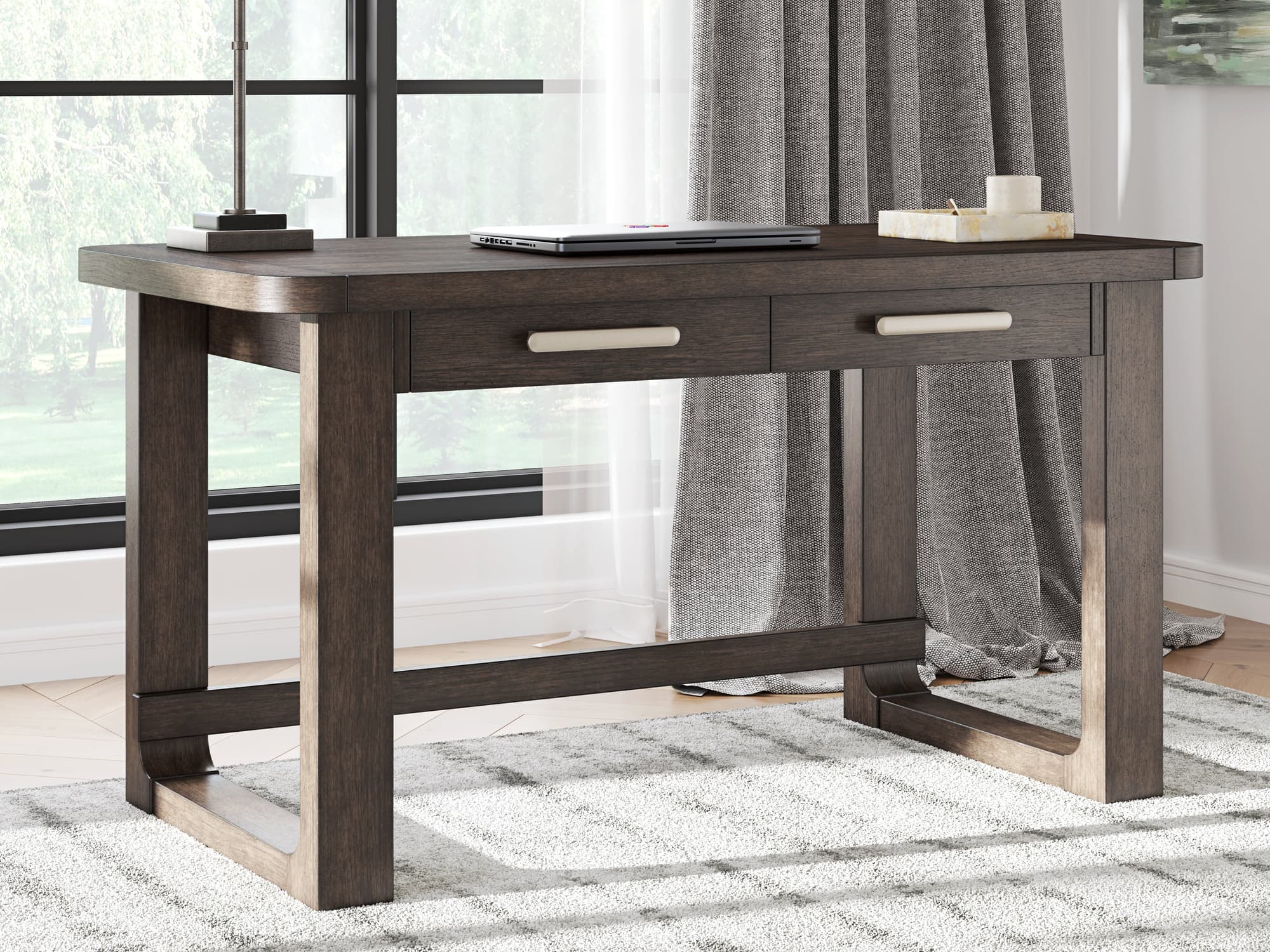 Breckington Dark Brown Home Office Desk with Chair and Storage - Image 1