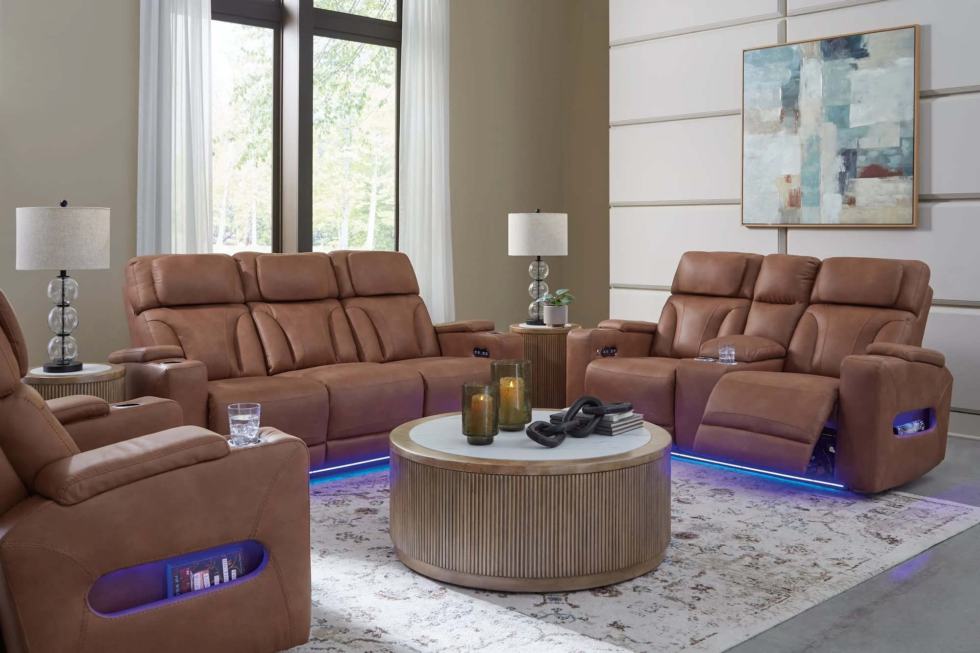 Clean-Slate Caramel Sofa, Loveseat and Recliner - Image 1