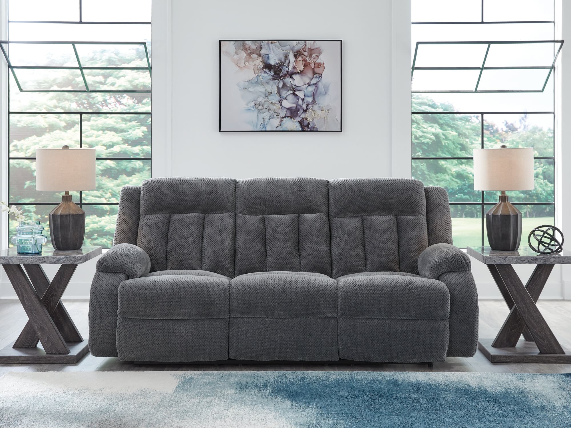 Observation Steel Velvet Power Reclining Sofa with Drop Down Table - Image 1