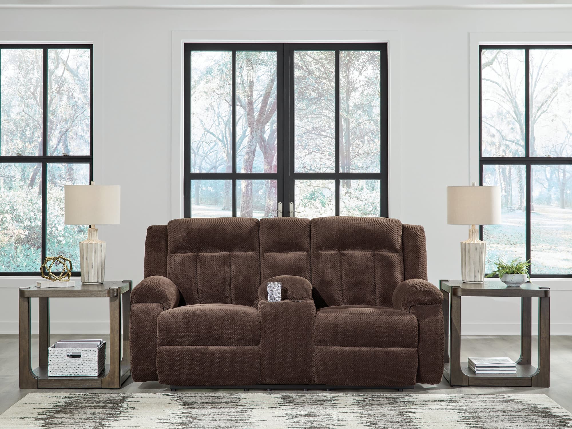 Observation Chocolate Velvet Power Reclining Loveseat with Console - Image 1