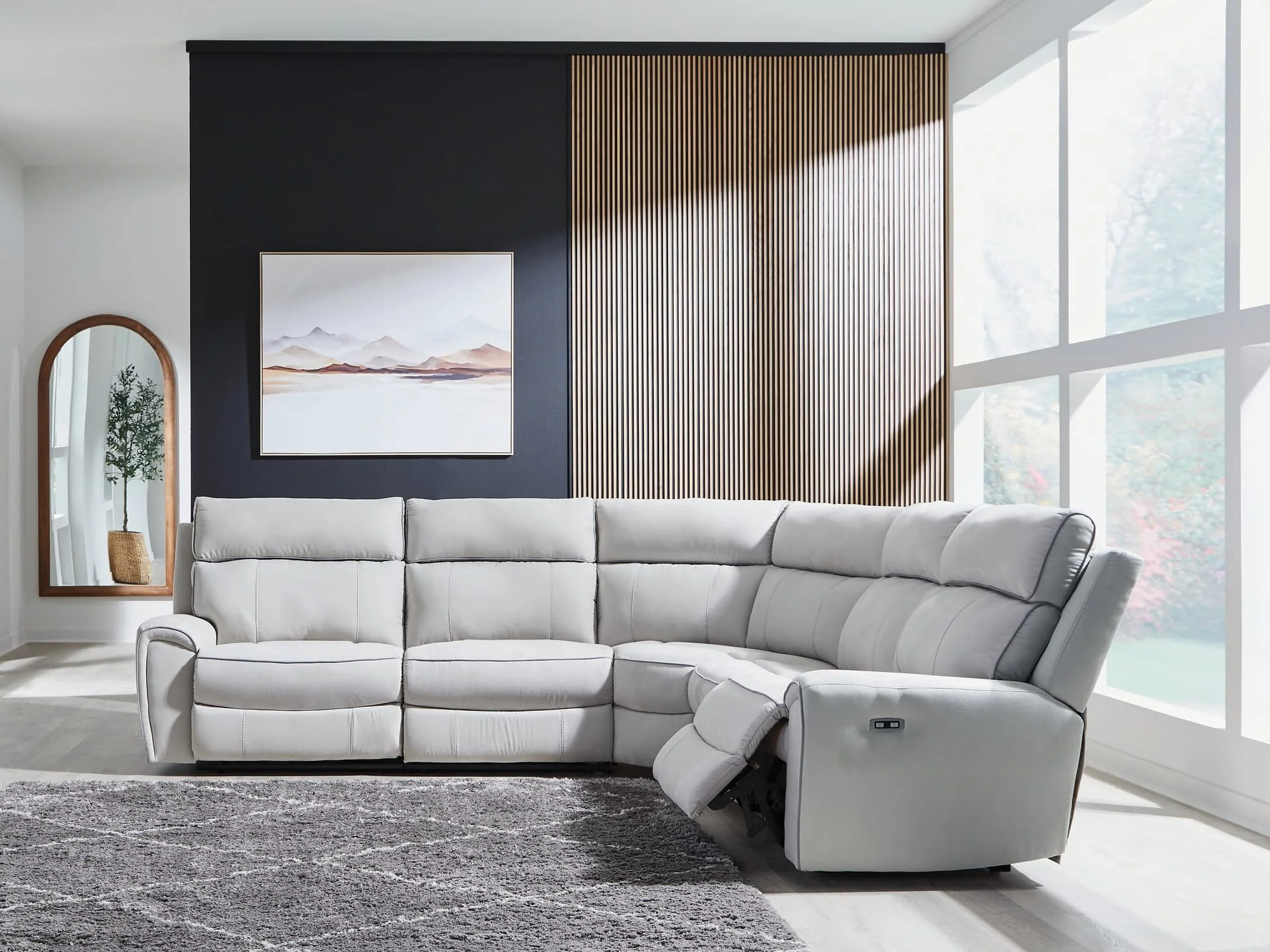 Social Pointe Pearl/Ash Chenille 5-Piece Power Reclining Sectional - Image 1