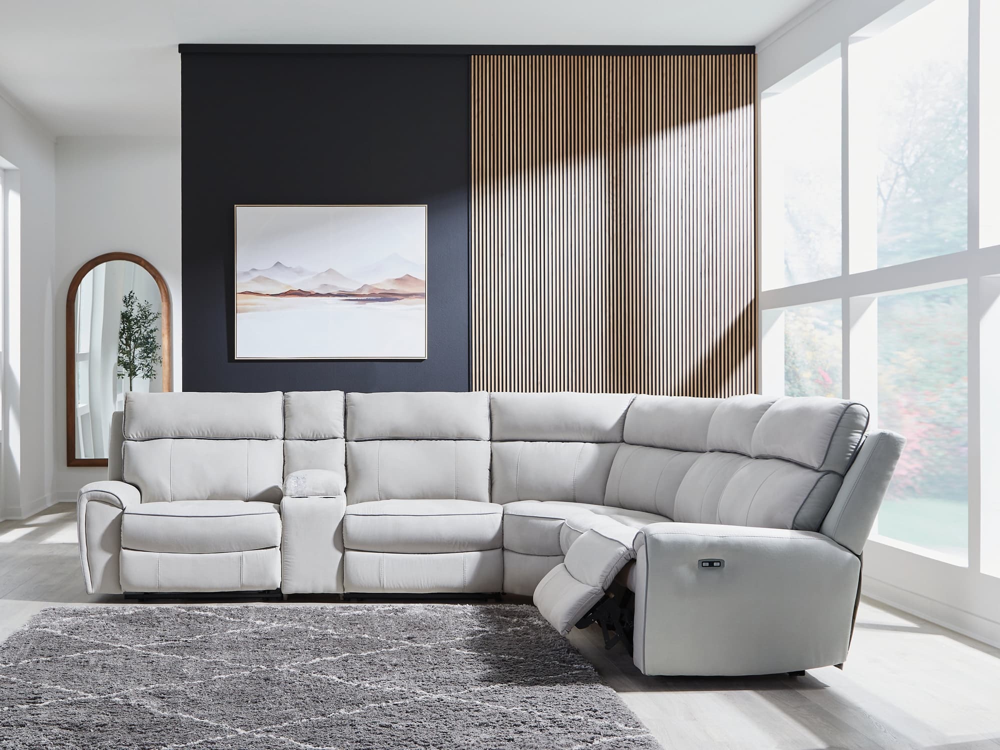Social Pointe Pearl/Ash Chenille 6-Piece Reclining Sectional with Storage Console - Image 1