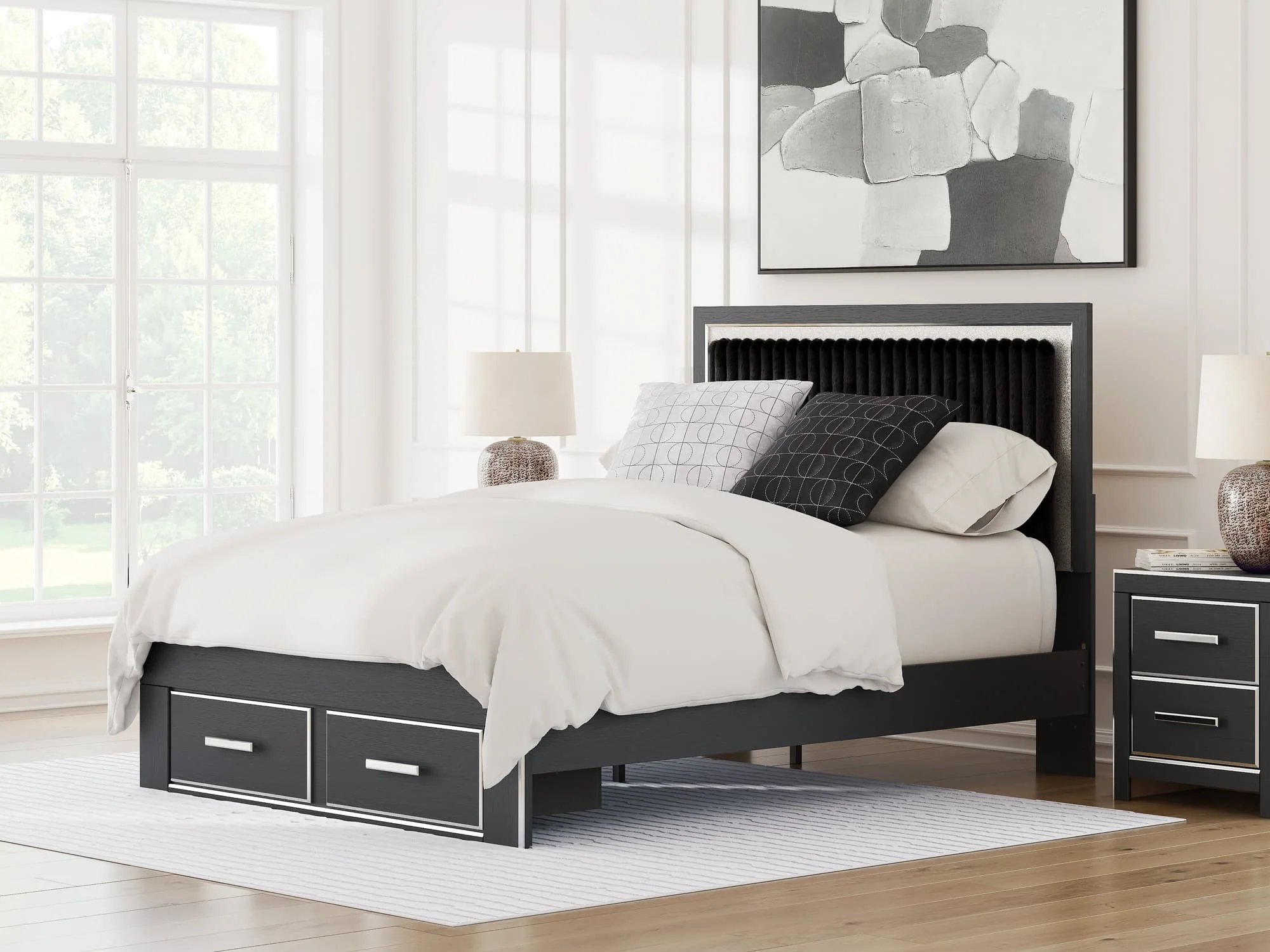 Zuraleus Black Queen Upholstered Panel Storage Bed - Image 1