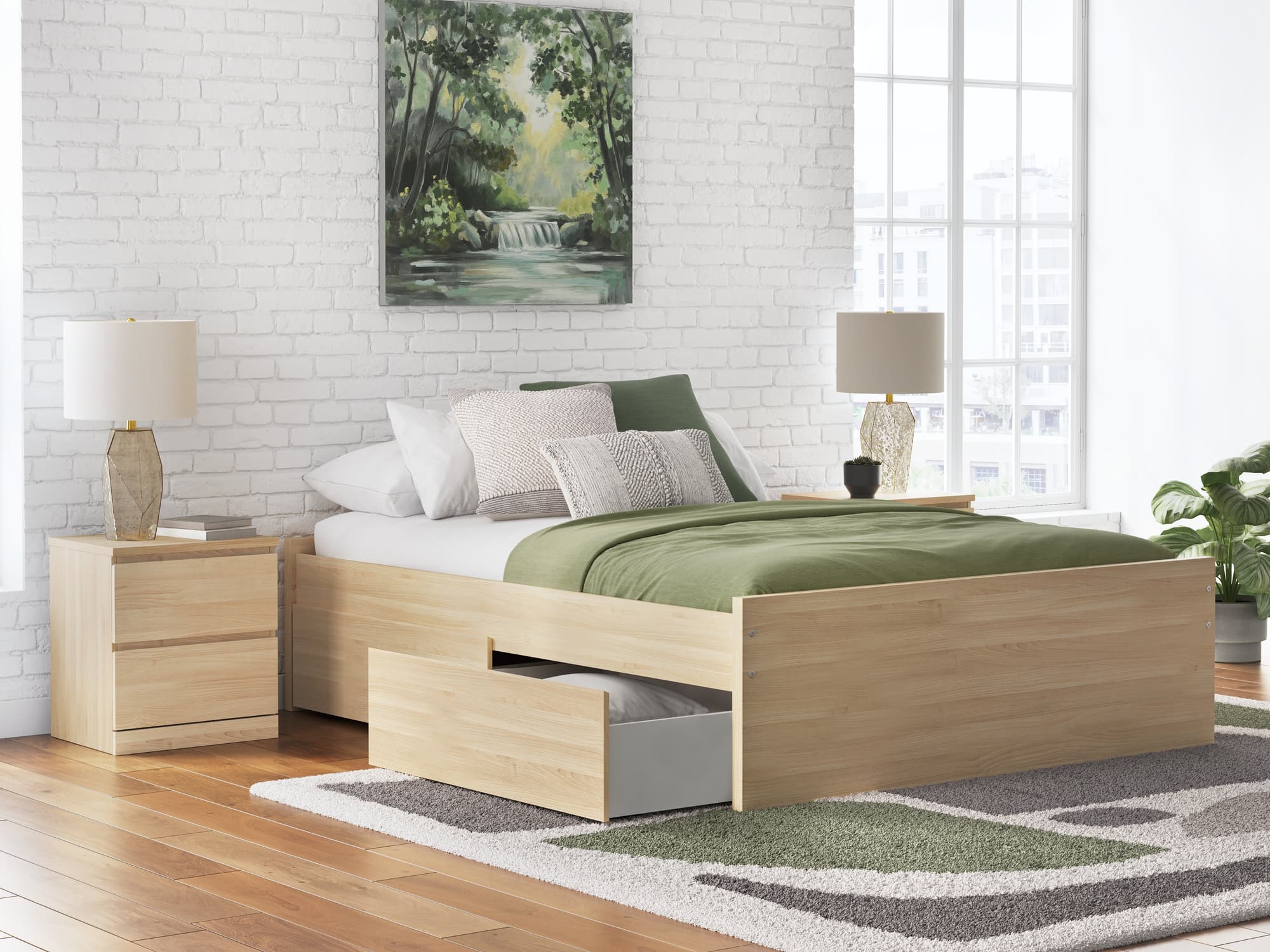 Onita Natural Queen Platform Bed with 2 Side Storage - Image 1