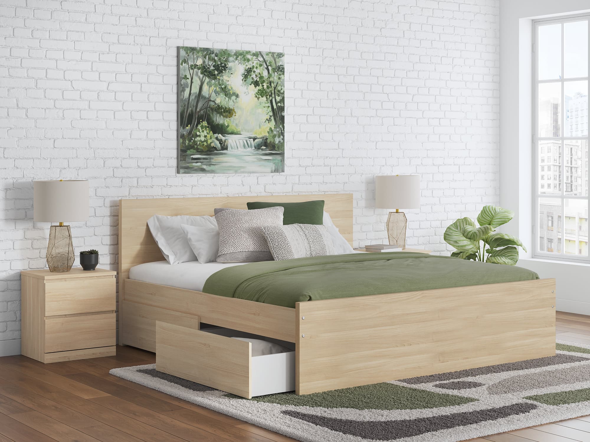 Onita Natural Queen Panel Platform Bed with 1 Side Storage - Image 1