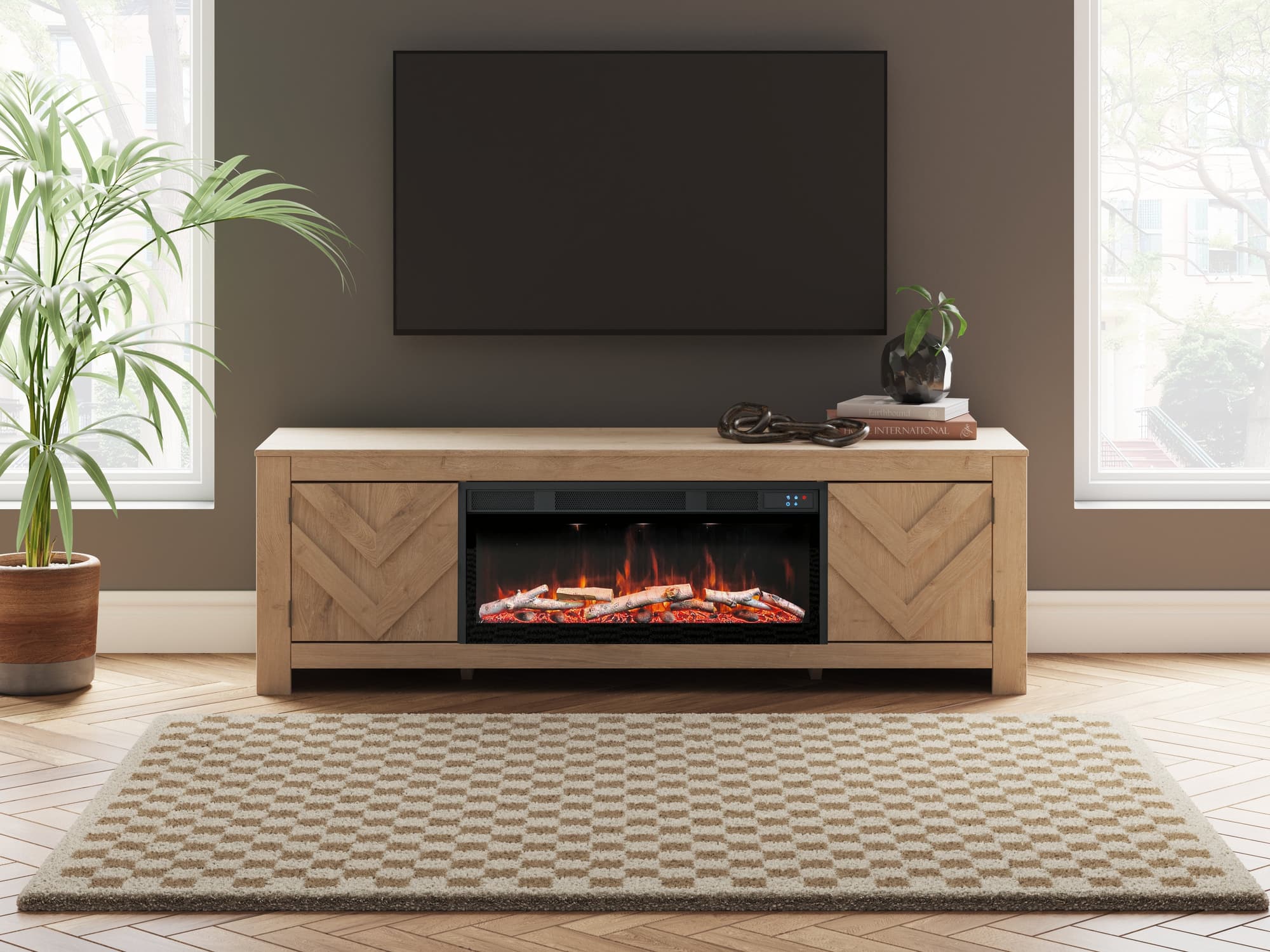 Cayboni Tan 71″ TV Stand with Electric Fireplace