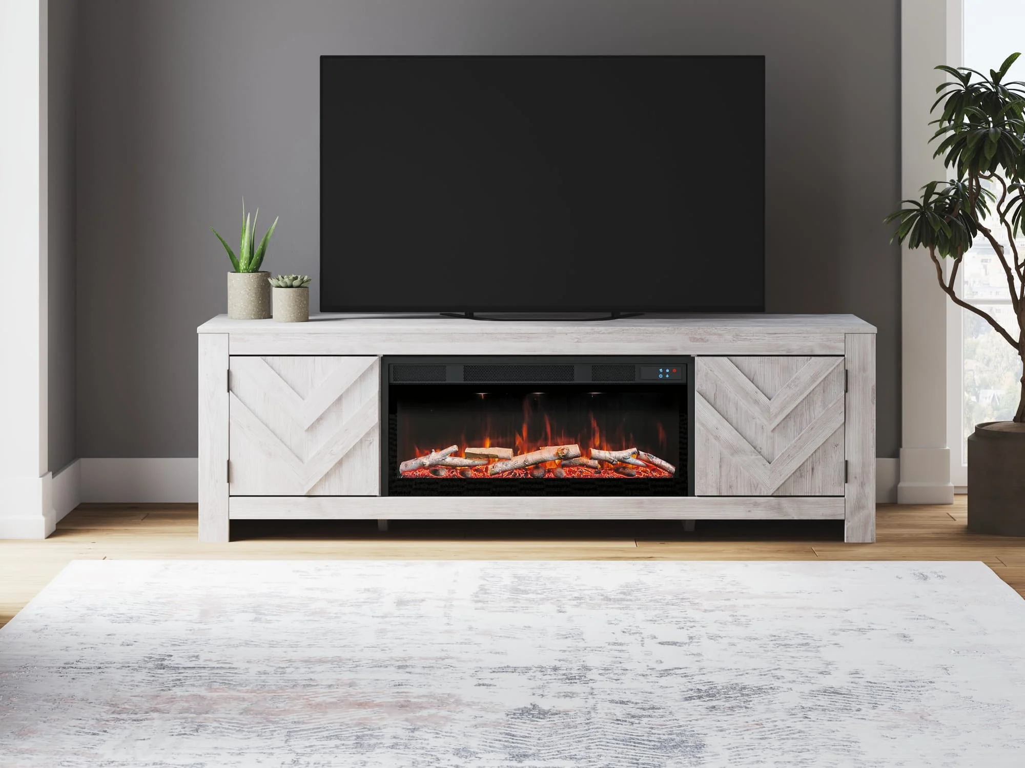 Cayboni Whitewash 71″ TV Stand with Electric Fireplace