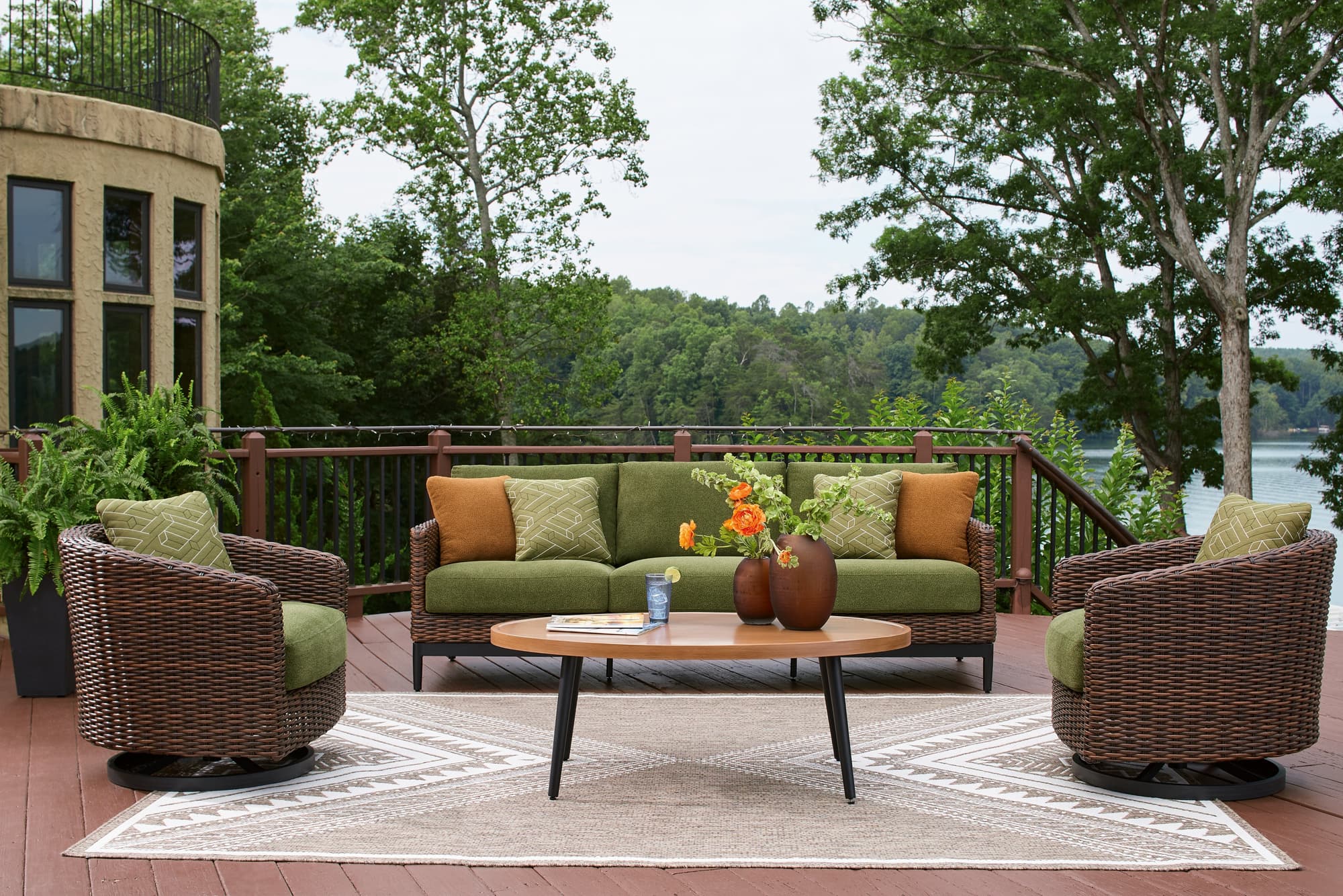 Horizon Brown/Green Hall Outdoor Sofa with 2 Lounge Chairs - Image 1