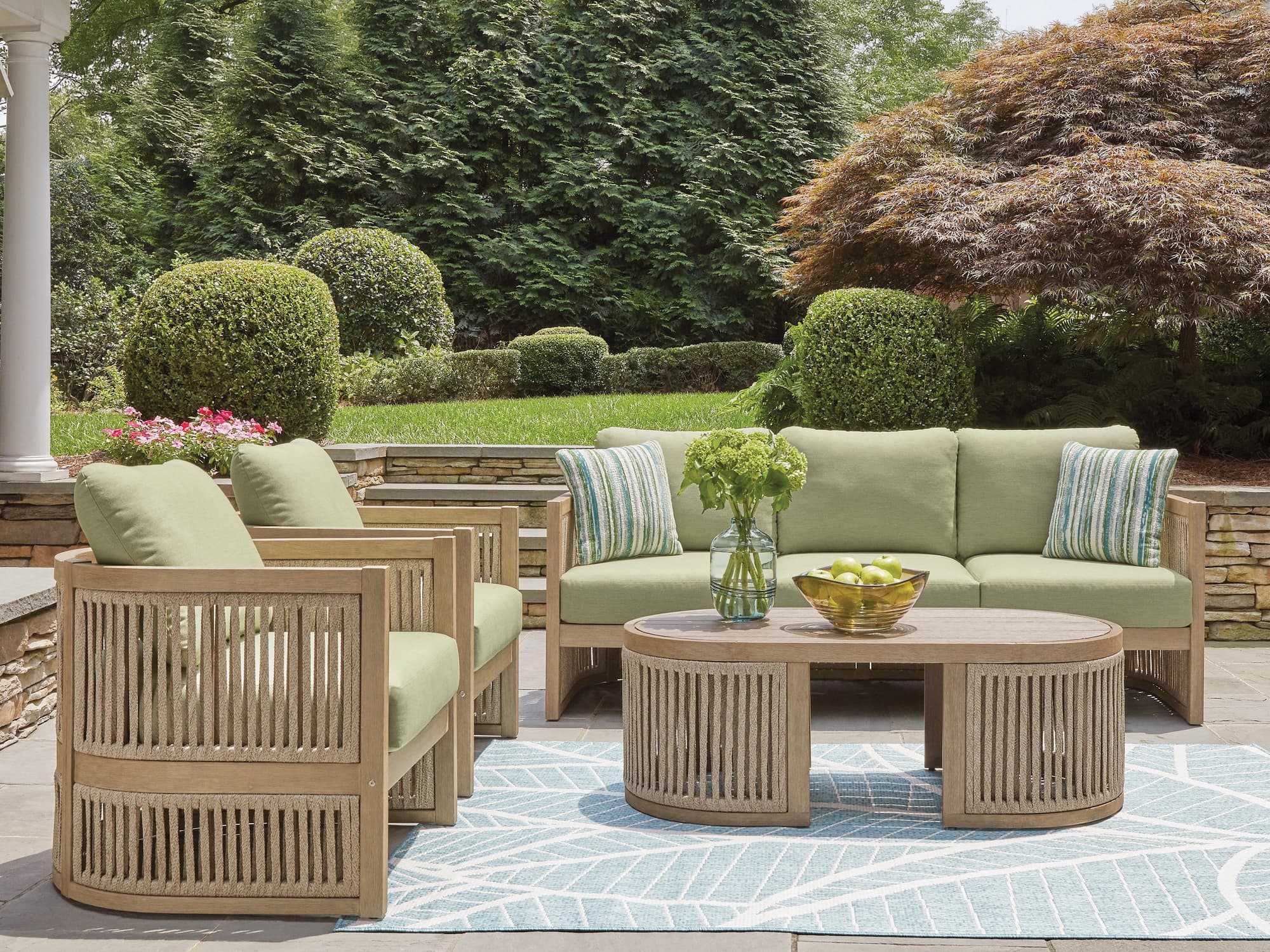 Serena Beige/Green Shores Outdoor Sofa and 2 Chairs with Coffee Table - Image 1