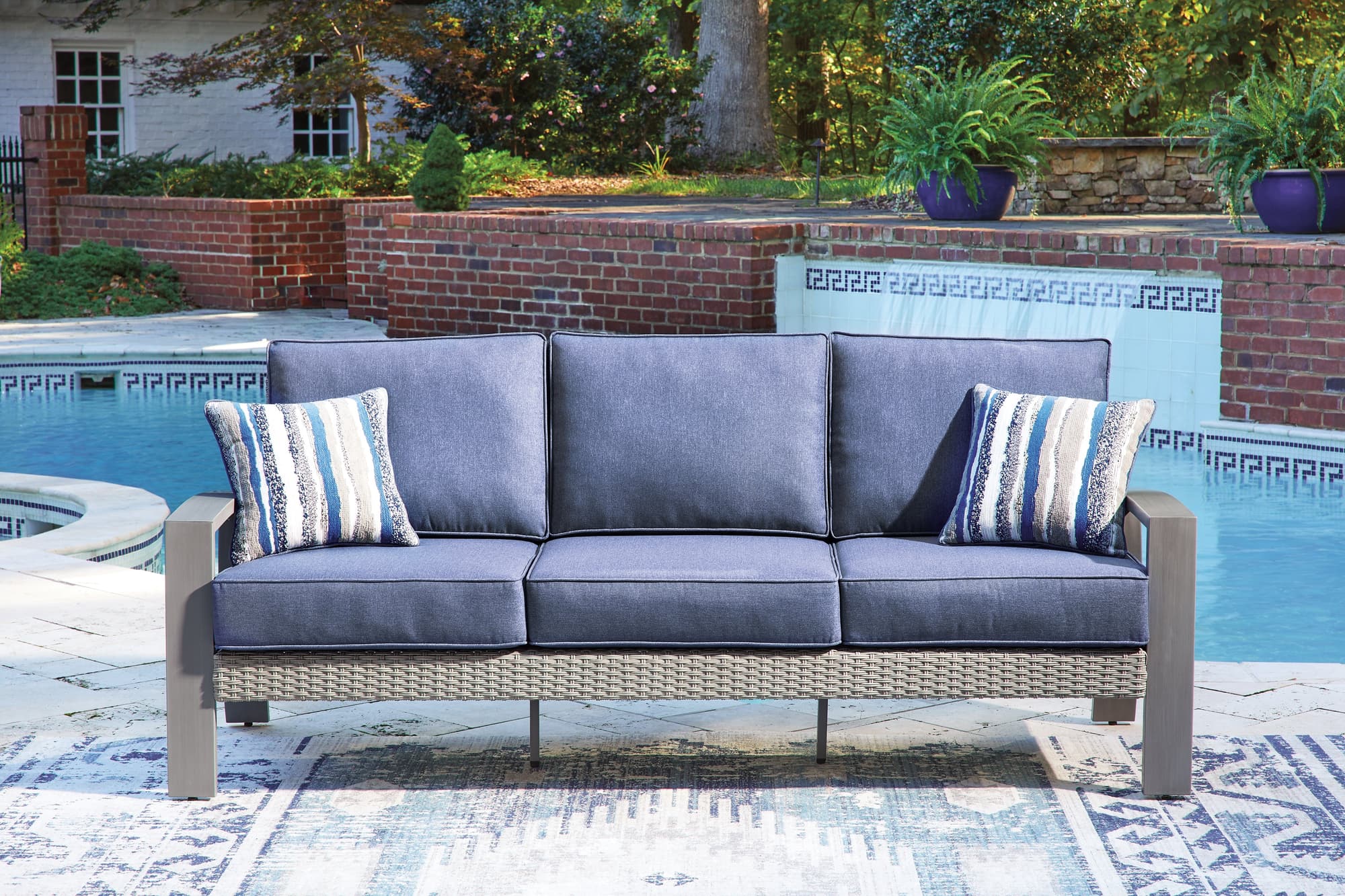 Half Blue/Gray Moon Beach Outdoor Sofa with 2 Lounge Chairs - Image 1